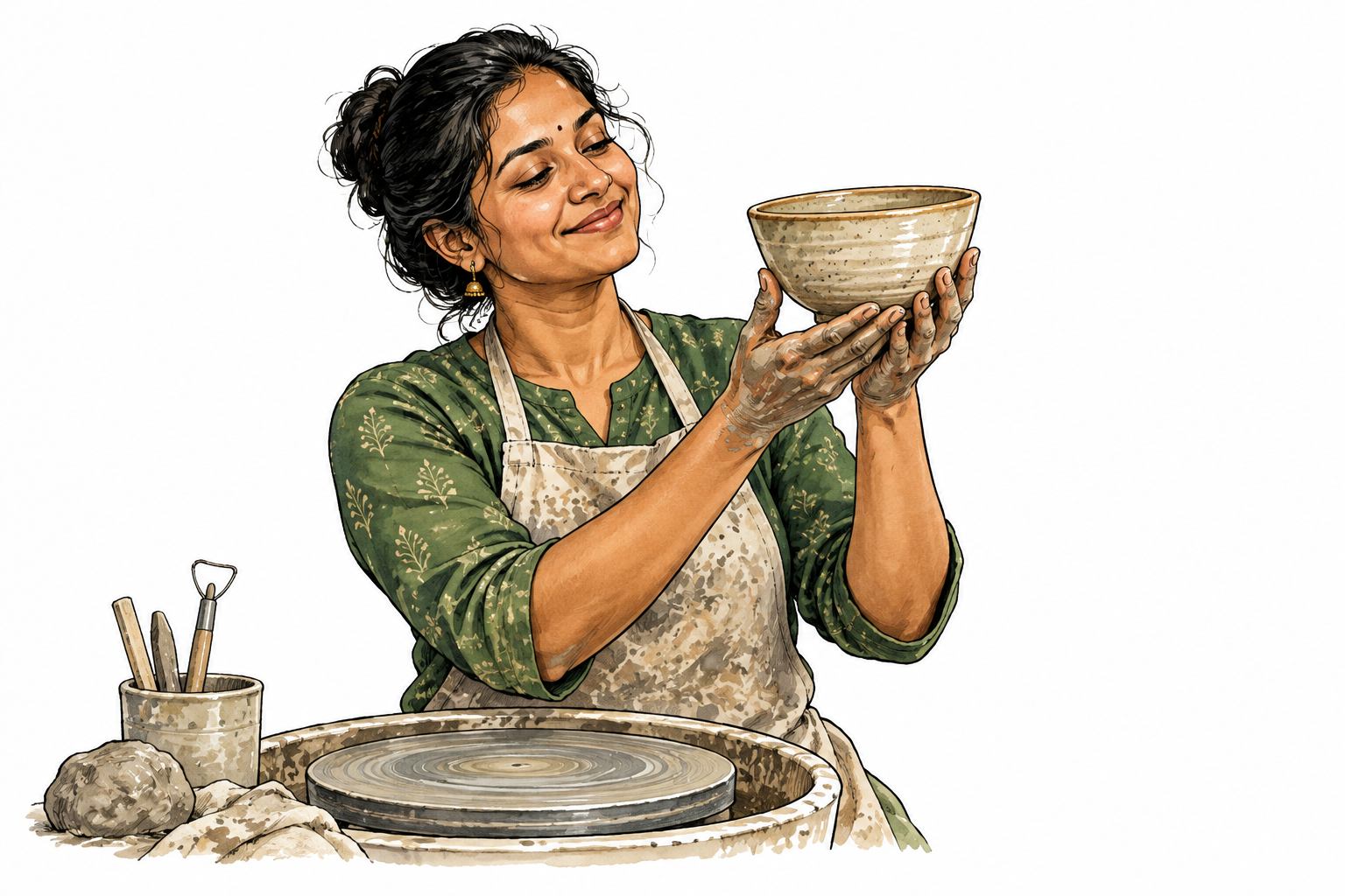 A South Asian woman smiles contentedly after finishing a well-made ceramic bowl, fulfilled expectations.
