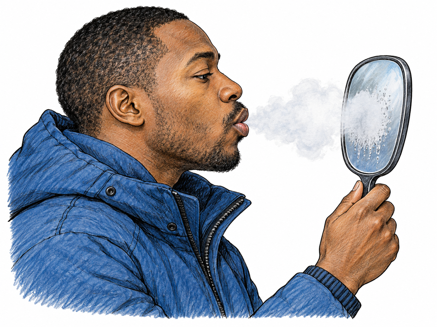 Side profile man gently blows breath onto small cold hand mirror, visible exhaled vapor and patch of condensation on mirror demonstrate expelled air.