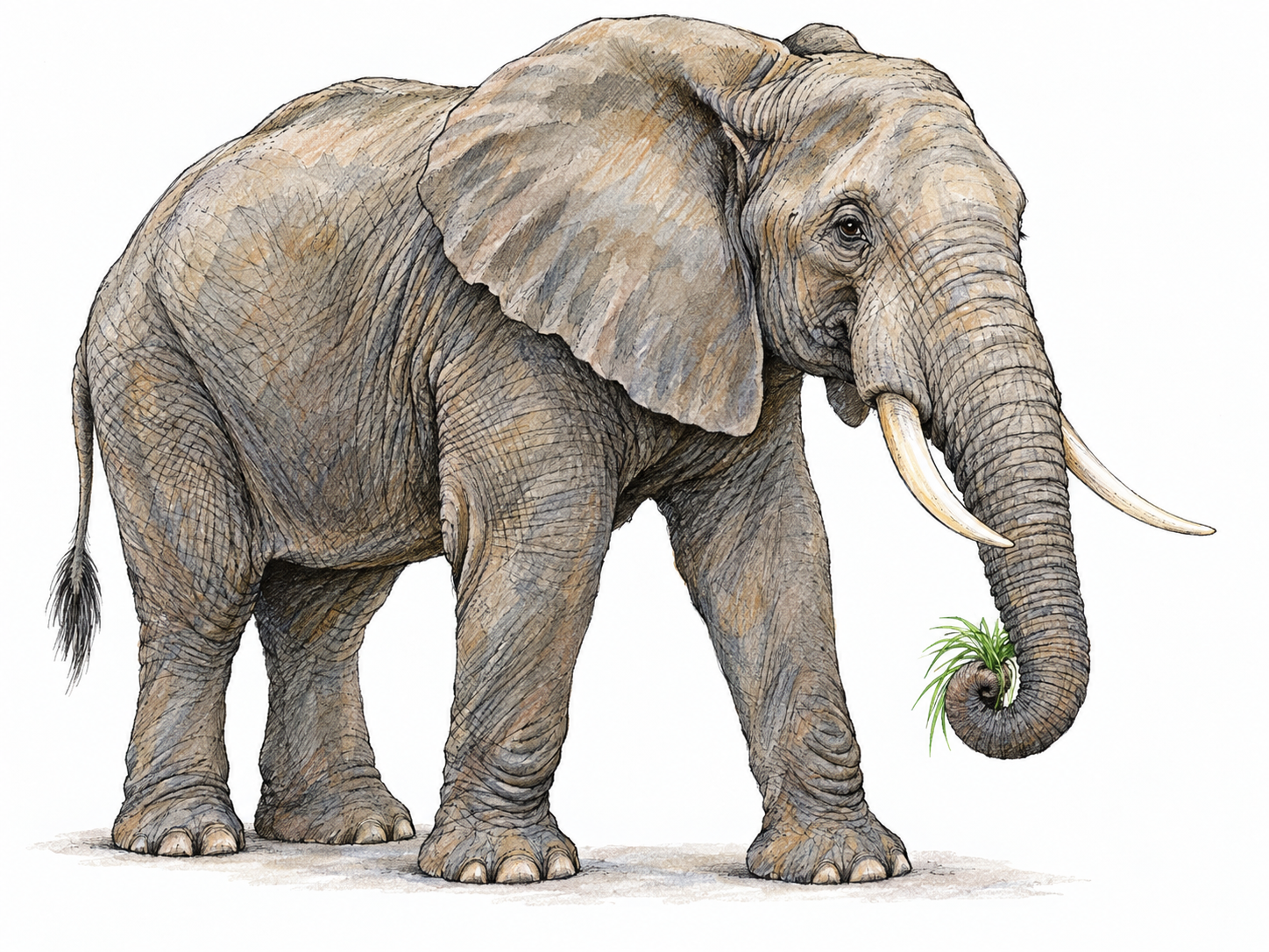 An elephant in three-quarter side view uses its long, flexible trunk to grasp a small tuft of grass, with the entire trunk clearly silhouetted against white.