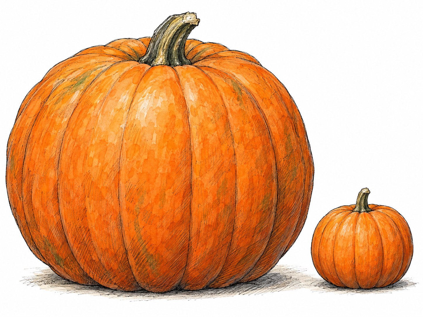 An enormous mature pumpkin beside a small ordinary pumpkin of the same kind, resting on the same ground plane.