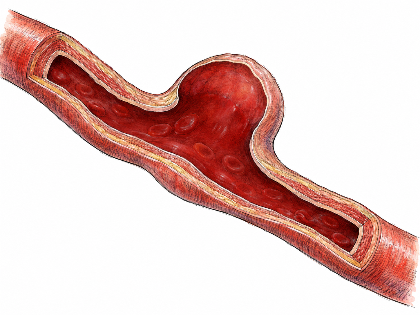 An isolated anatomical cutaway of an artery with a large, thin-walled pouch bulging outward from one side.