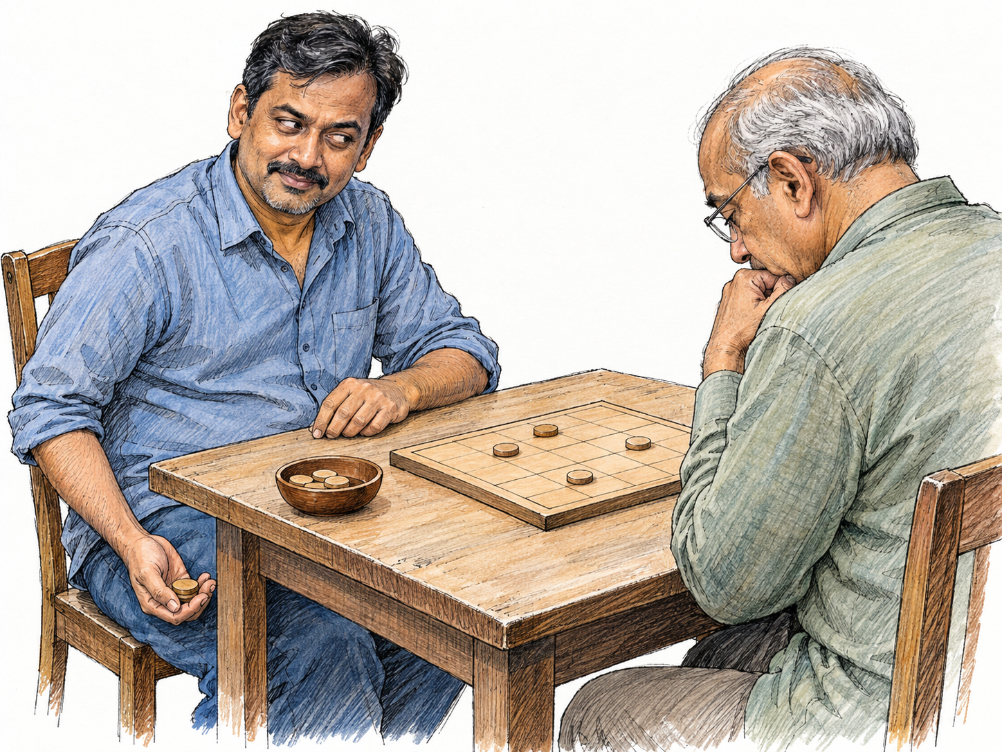 During a casual tabletop game, a middle-aged man quietly slips an extra game token from a small supply dish into his closed hand while his older opponent looks down at the board.