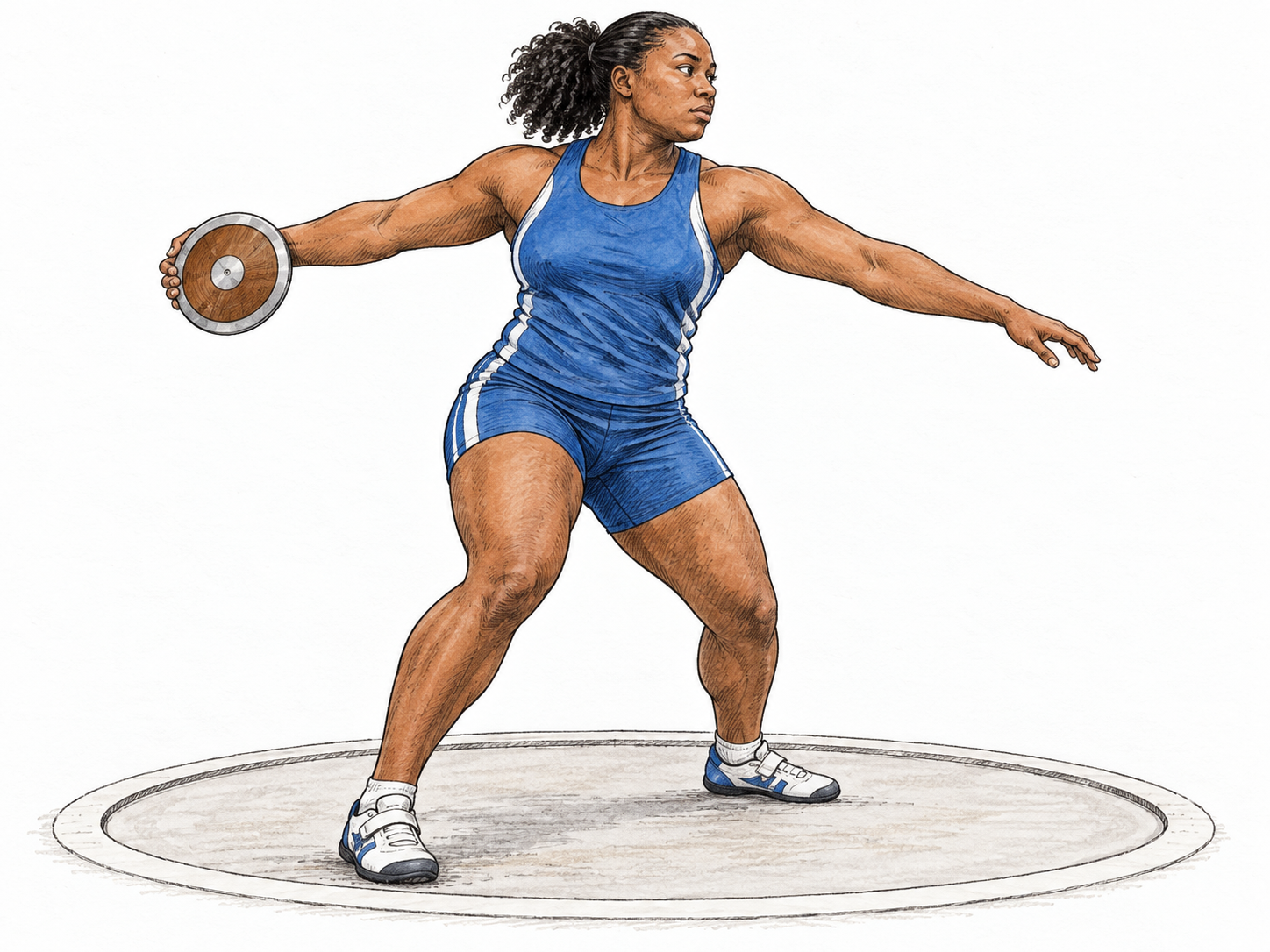 Track athlete holds heavy wood-and-metal discus at side before throwing, three-quarter standing pose, simple circular throwing ring ground mark, no crowd or text, correct hand grip and object distinct.