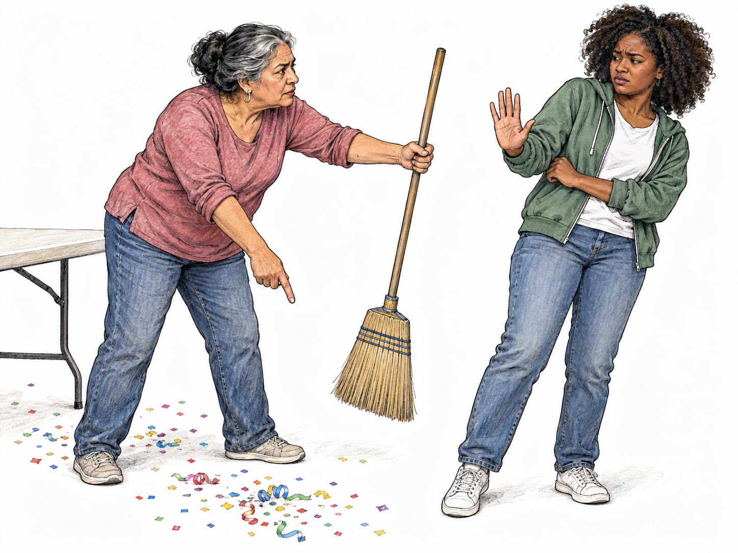 An older woman pressures a reluctant younger woman into cleaning up, thrusting a broom toward her despite her visible refusal.