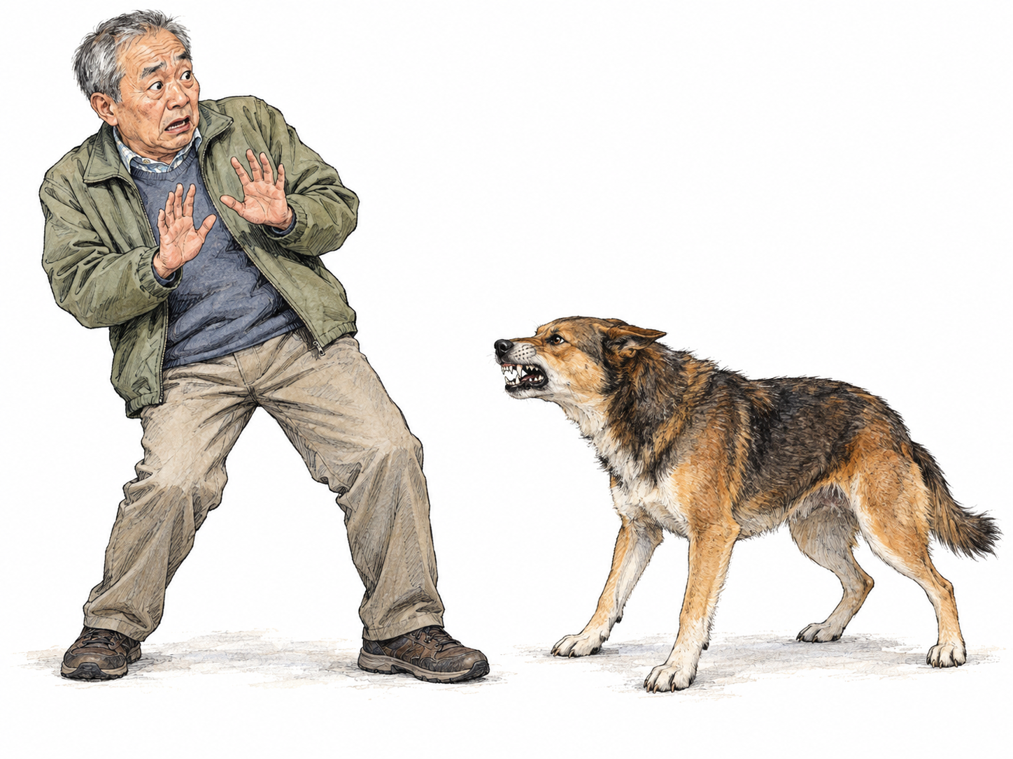 An older man recoils from a snarling dog, visibly afraid: eyes wide, brows raised and drawn together, shoulders hunched, torso leaning away, and open hands held defensively.