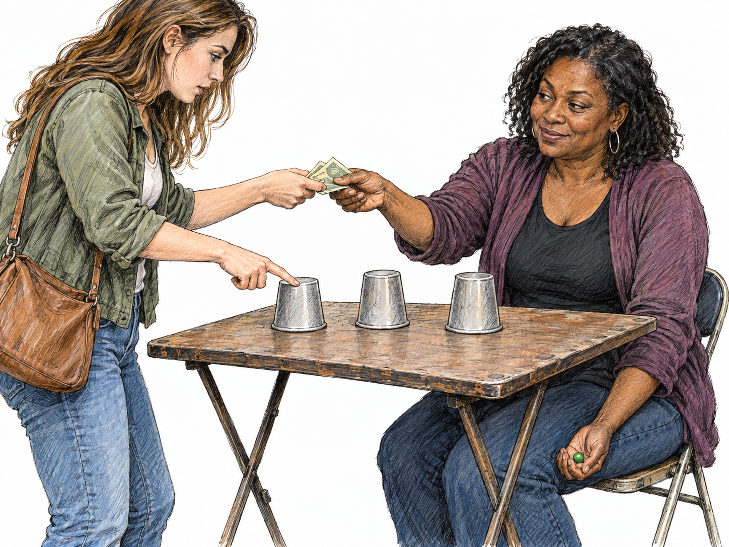 A sleazy shell-game operator takes a customer's money while secretly keeping the game's pea in her other hand beneath the table.