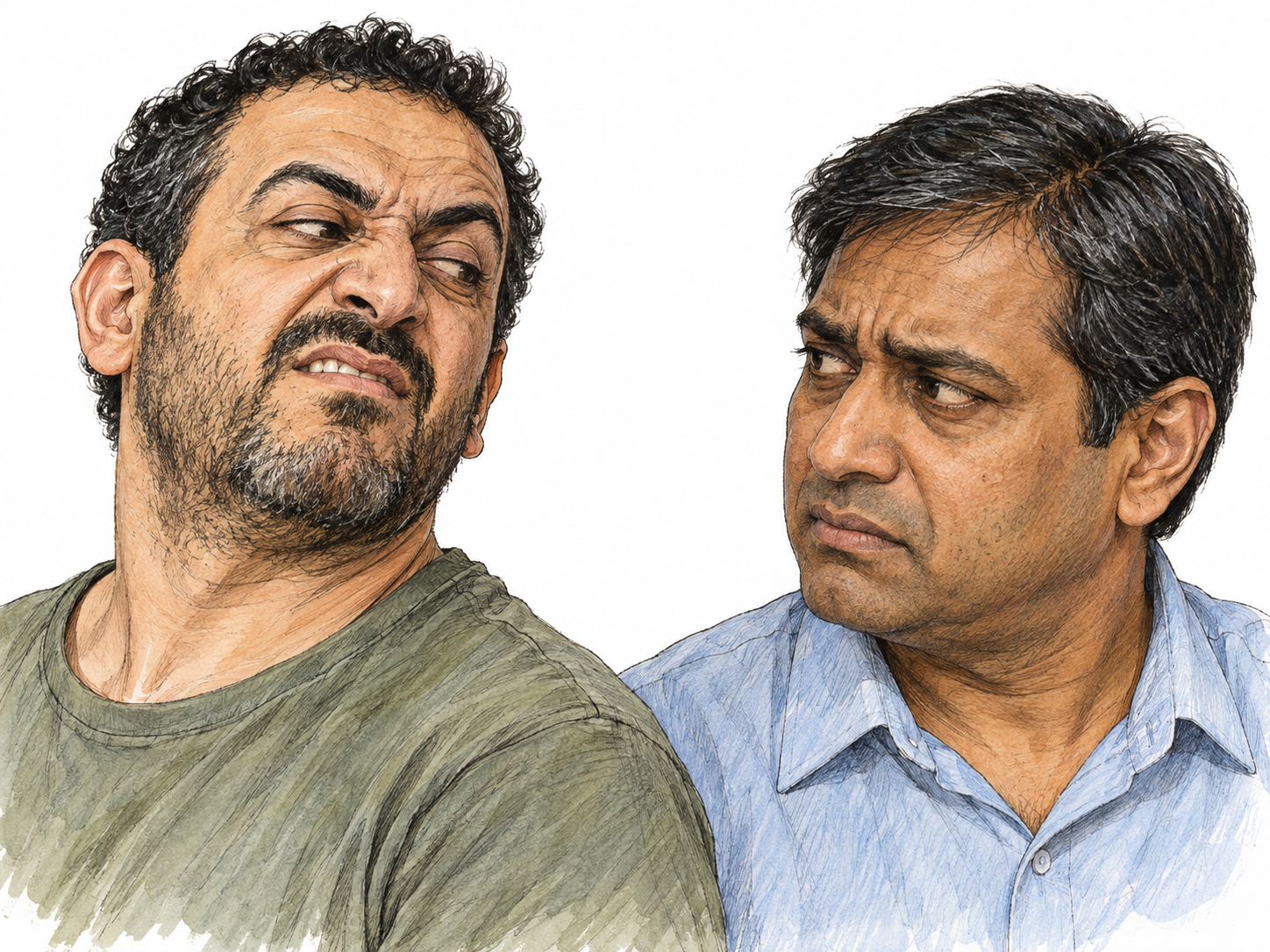 A close-up of a man directing an unmistakably scornful, one-sided curled-lip smile at another man, who looks hurt rather than amused.