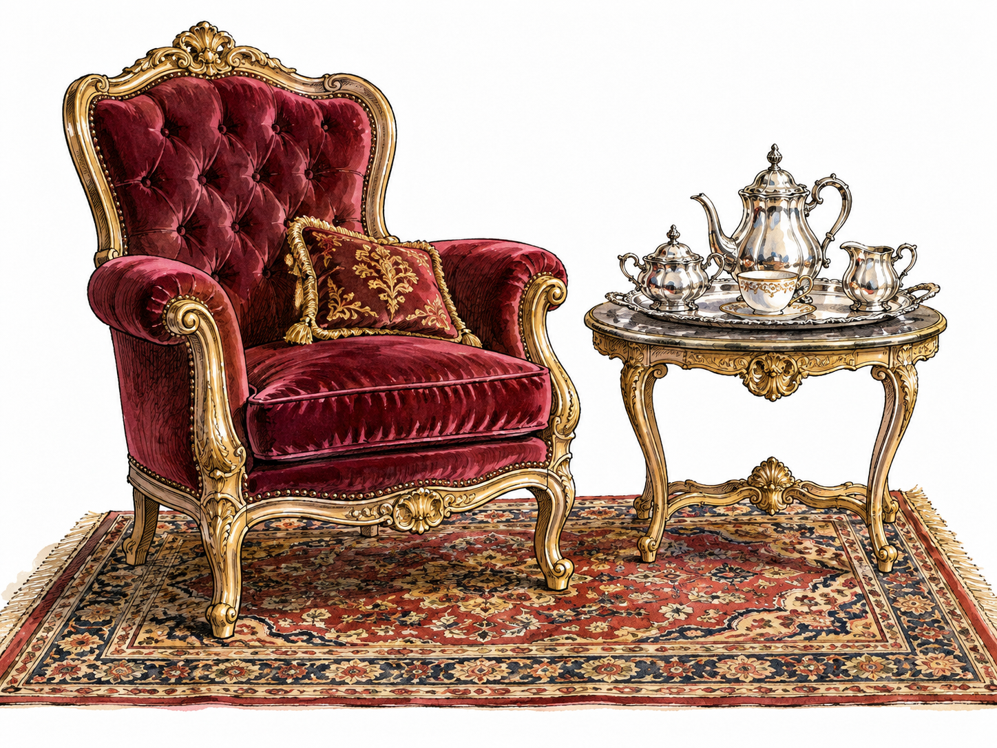 A rich velvet chair, ornate carpet and fine silver tea service.