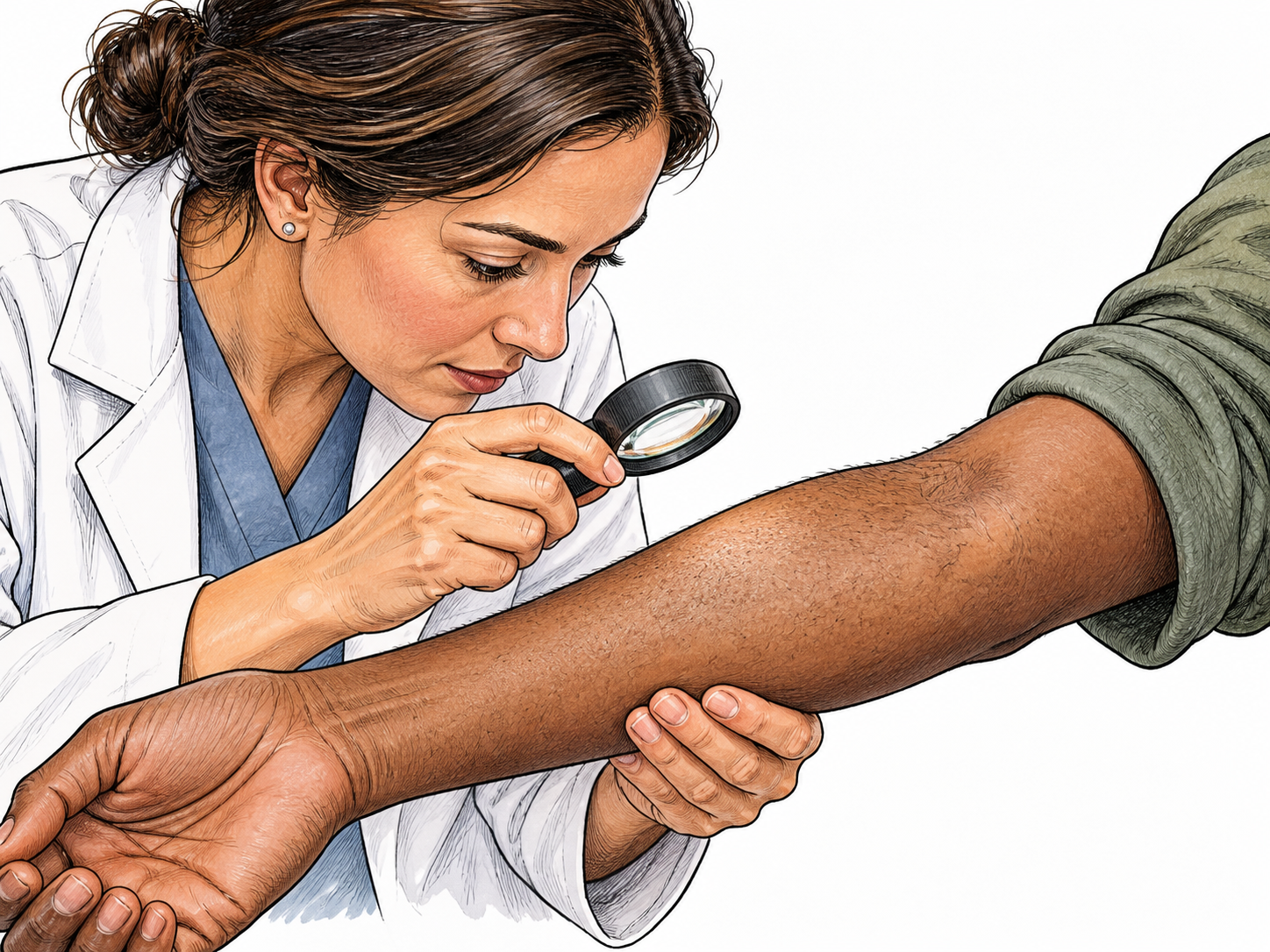 A dermatologist gently examines intact skin on an adult Black patient's forearm using a small handheld magnifier.