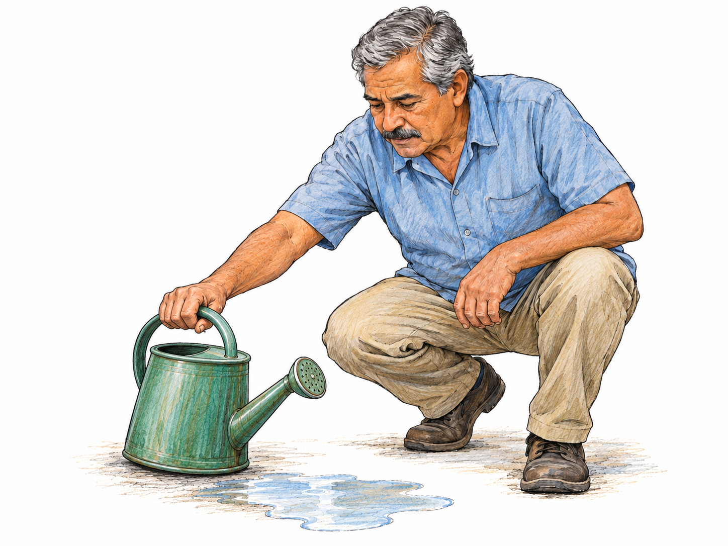 An older man acts promptly to stop a tipped watering can from spilling further, reaching to set it upright beside a small puddle.