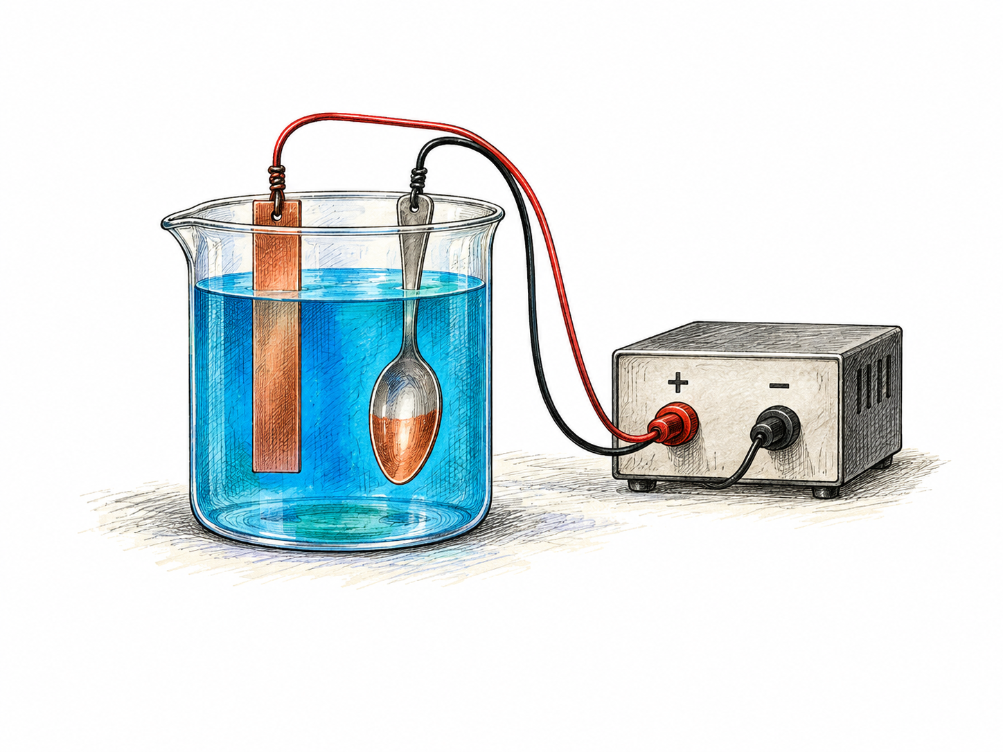 A compact real electroplating setup: copper strip and steel spoon suspended separately in blue solution, spoon partially acquiring a thin copper-colored coating.