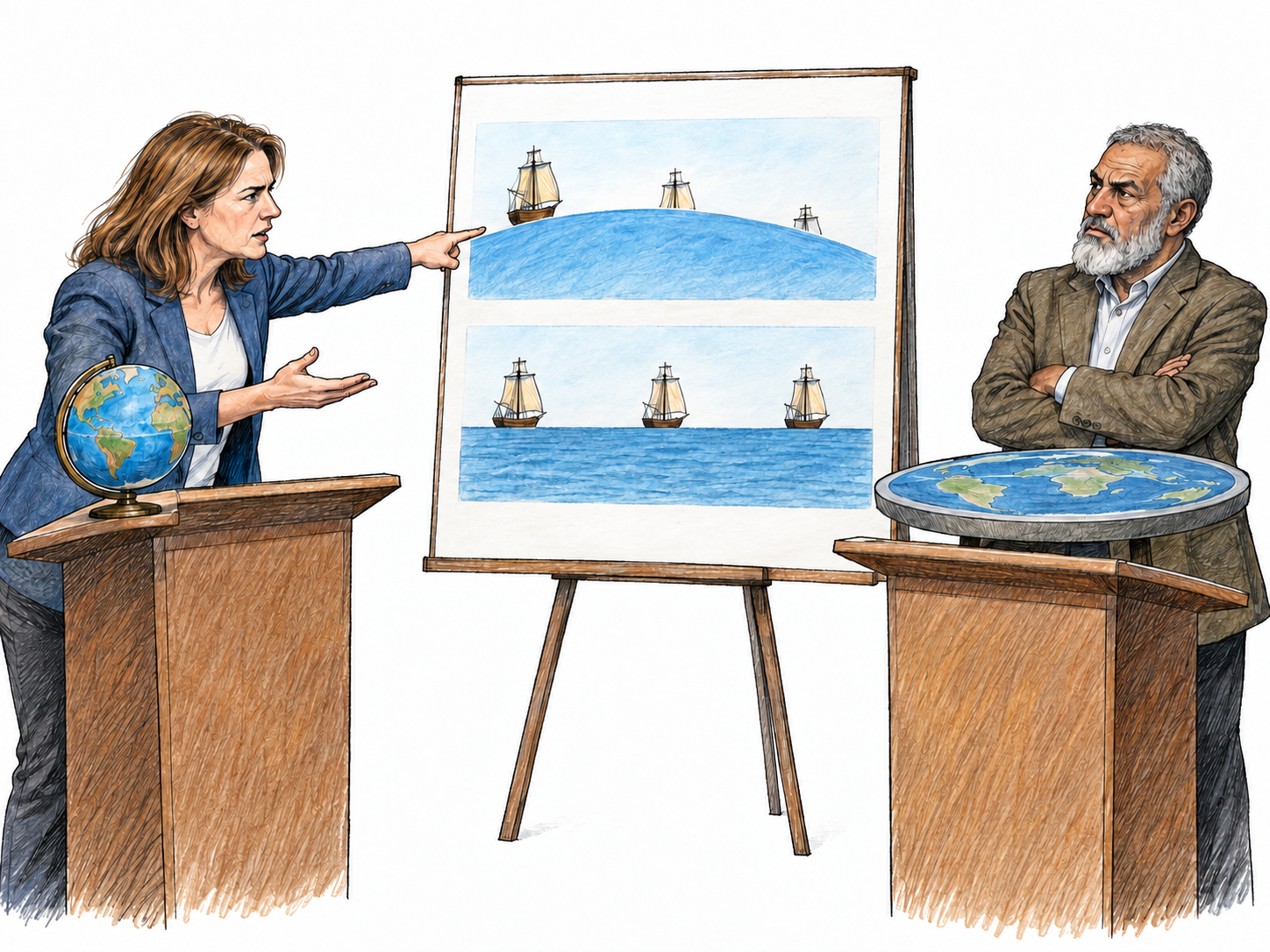 A forceful public argument attacking a flat-Earth belief: a speaker confronts the opposing model with concrete, contrasting evidence, making the attack about an idea rather than a person.