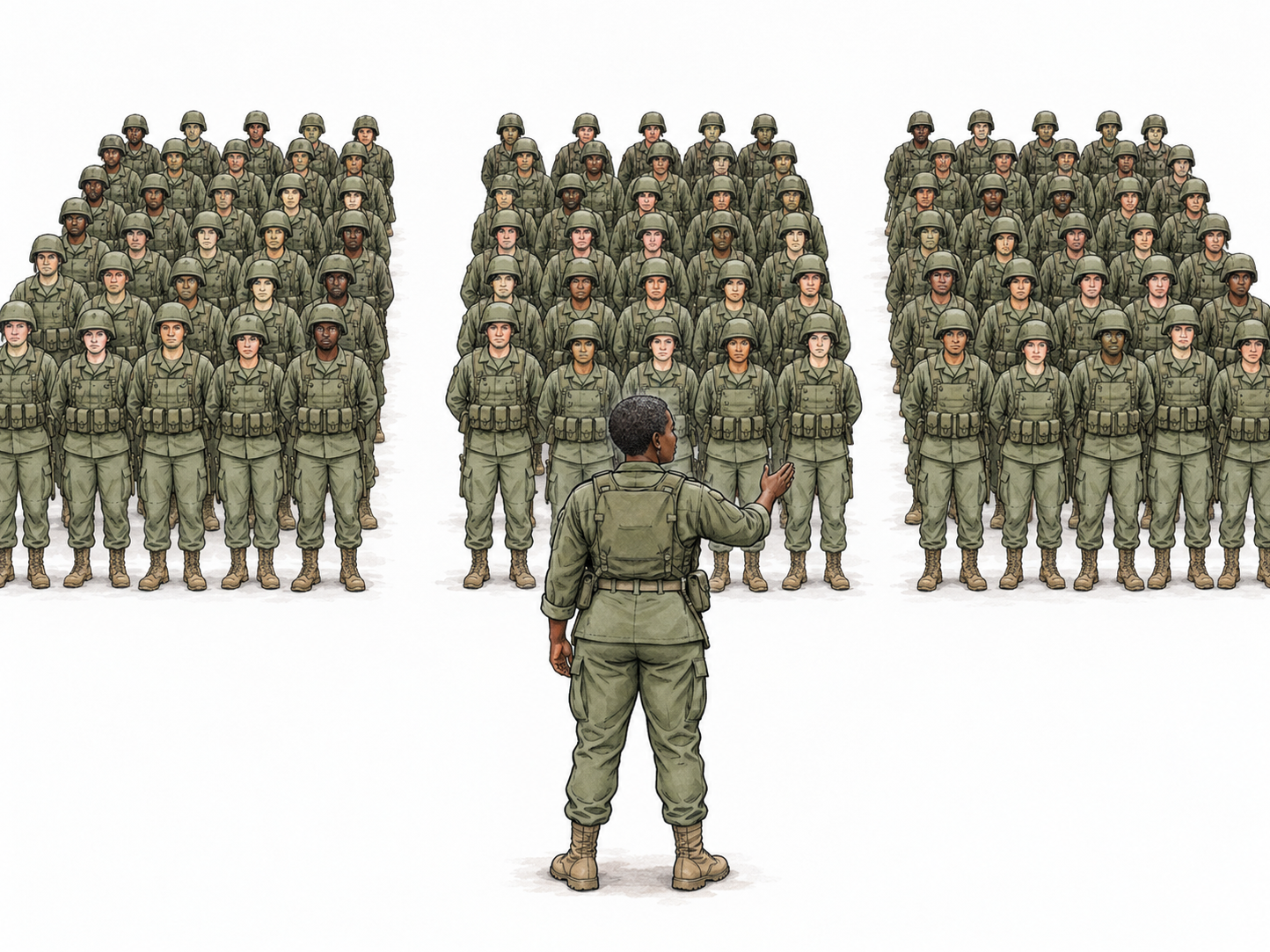 Clear organizational military illustration of ONE large unit assembled as THREE distinct company blocks of many tiny soldiers in orderly rows, small open aisles separate blocks; one commander in foreground faces all three groups.