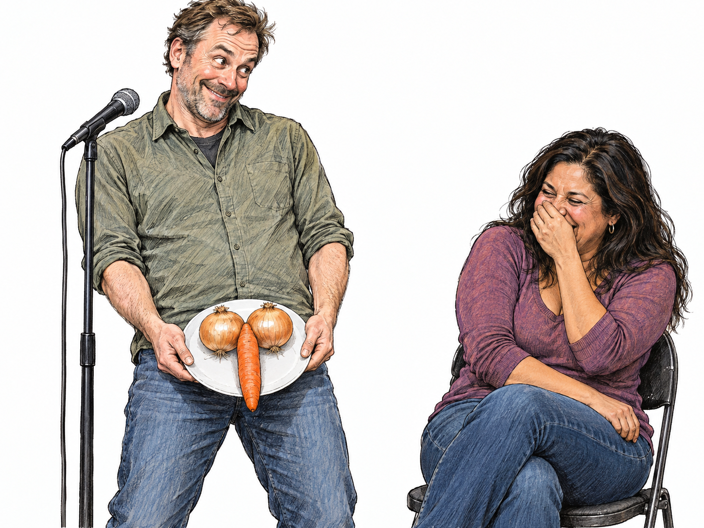 An adult comedian presents a deliberately coarse vegetable visual joke at his clothed waist while an adult spectator laughs with embarrassed amusement.