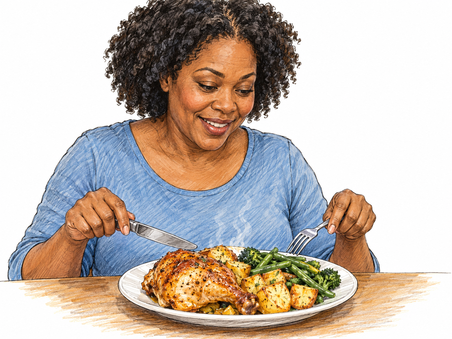 A woman leans eagerly toward a freshly served meal, eyes fixed on the food and lips slightly parted, with fork and knife poised before her first bite.