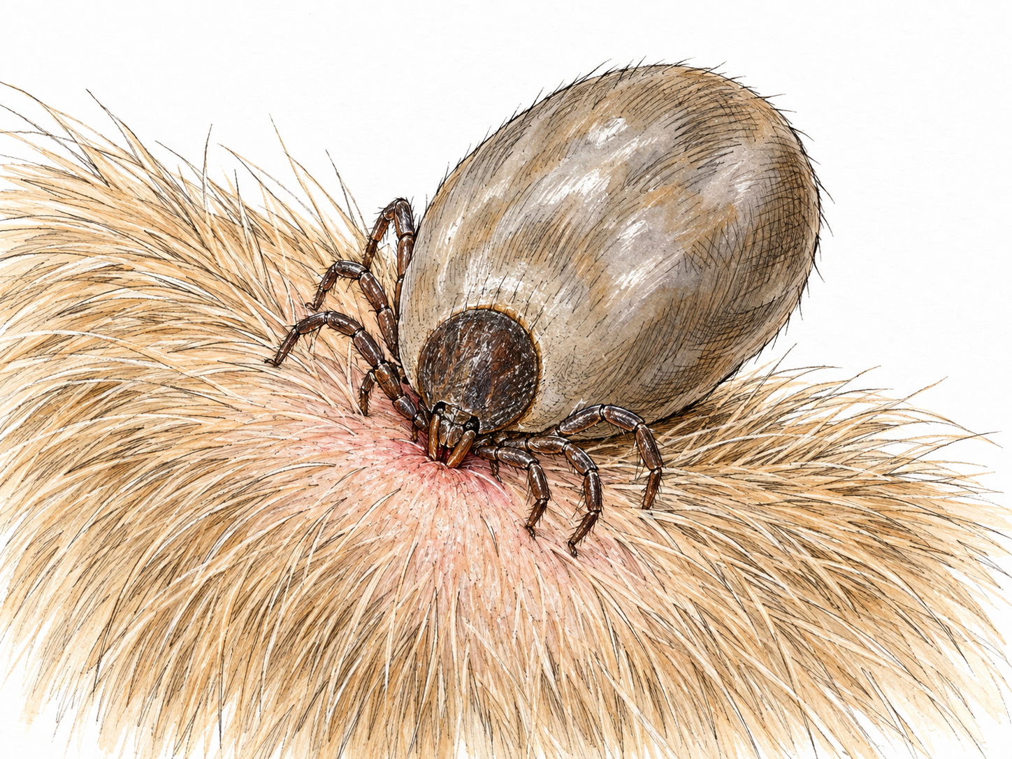 A close-up of an engorged tick attached to a dog's skin, with parted fur and a small irritated patch making the parasite's feeding relationship visible.