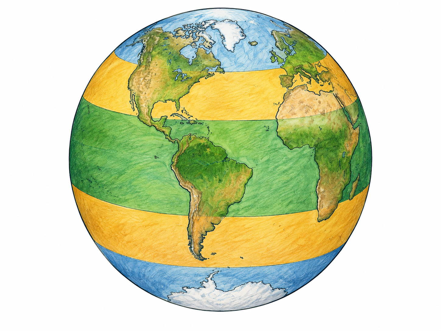 Globe with three broad colored latitudinal climate bands wrapping smoothly around sphere, equatorial central green band and temperate ochre bands; no letters, accurate sphere curvature and continents secondary.