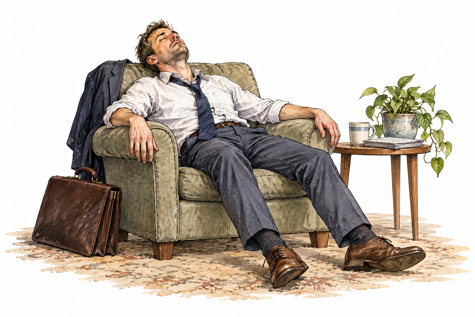 An exhausted adult slumps wearily in an armchair after work, depleted energy and heavy limbs, no text.