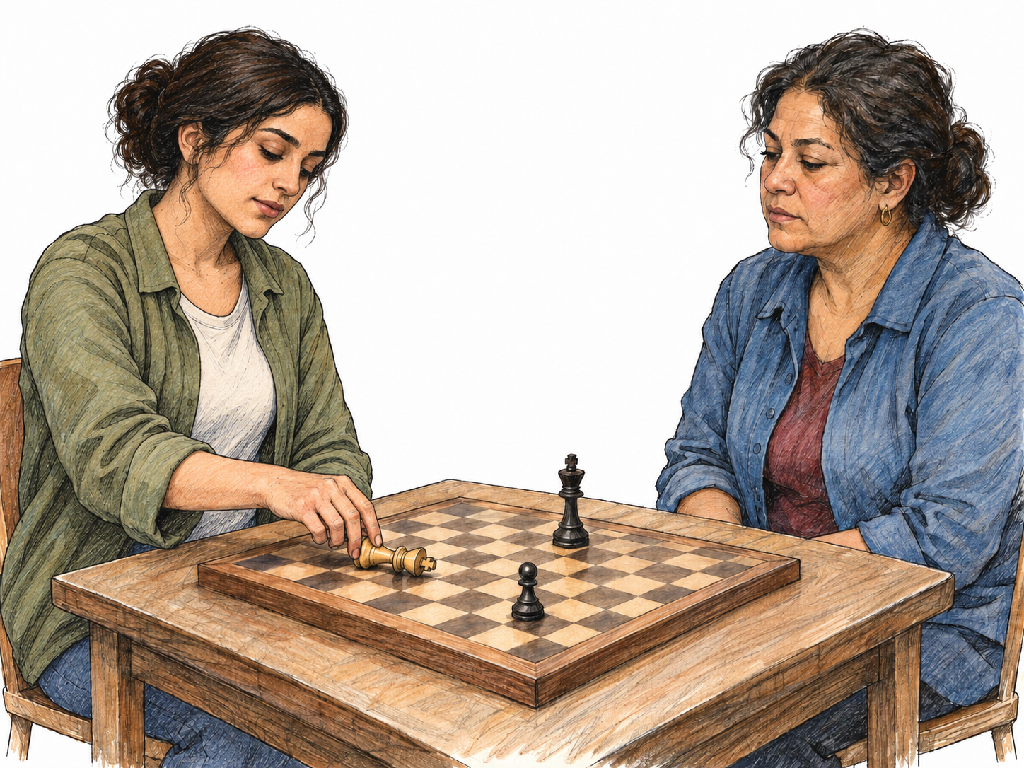 A chess player concedes the game by deliberately laying her king on its side while her opponent watches, making the act of giving up resistance concrete.