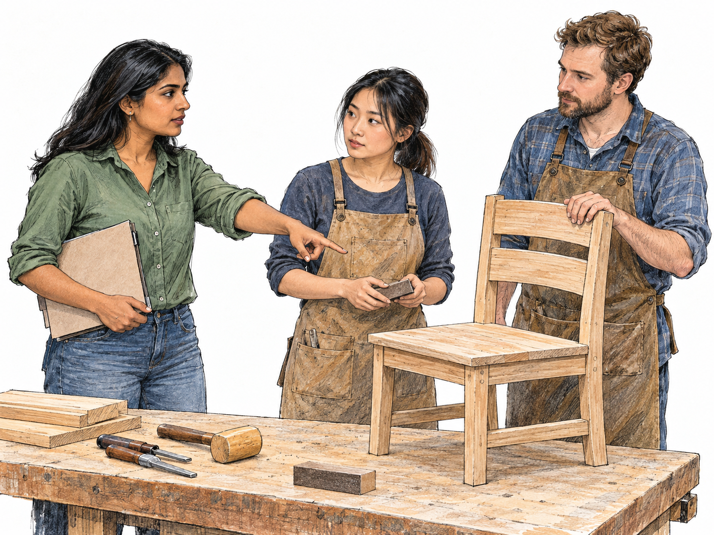 A workshop boss assigns work to two employees: she stands at the head of a workbench, pointing out the next unfinished chair while the apron-wearing workers attend to her direction.