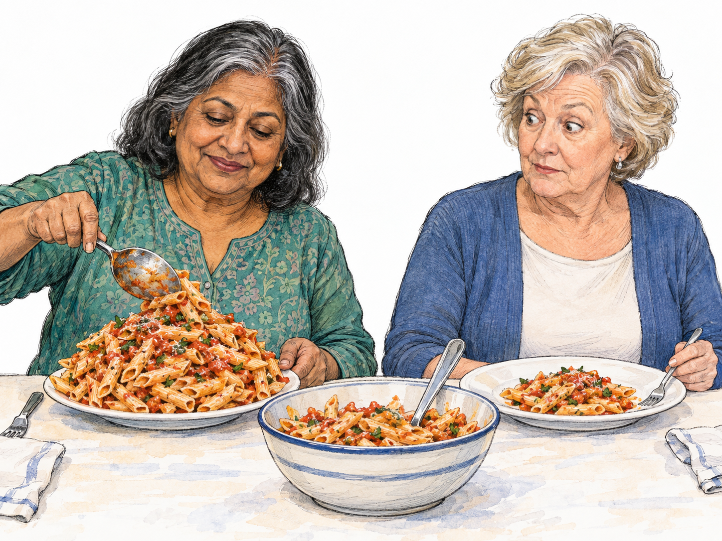 An older woman adds another serving of pasta to her own already excessively heaped dinner plate, while her companion has a modest portion on an identical plate.