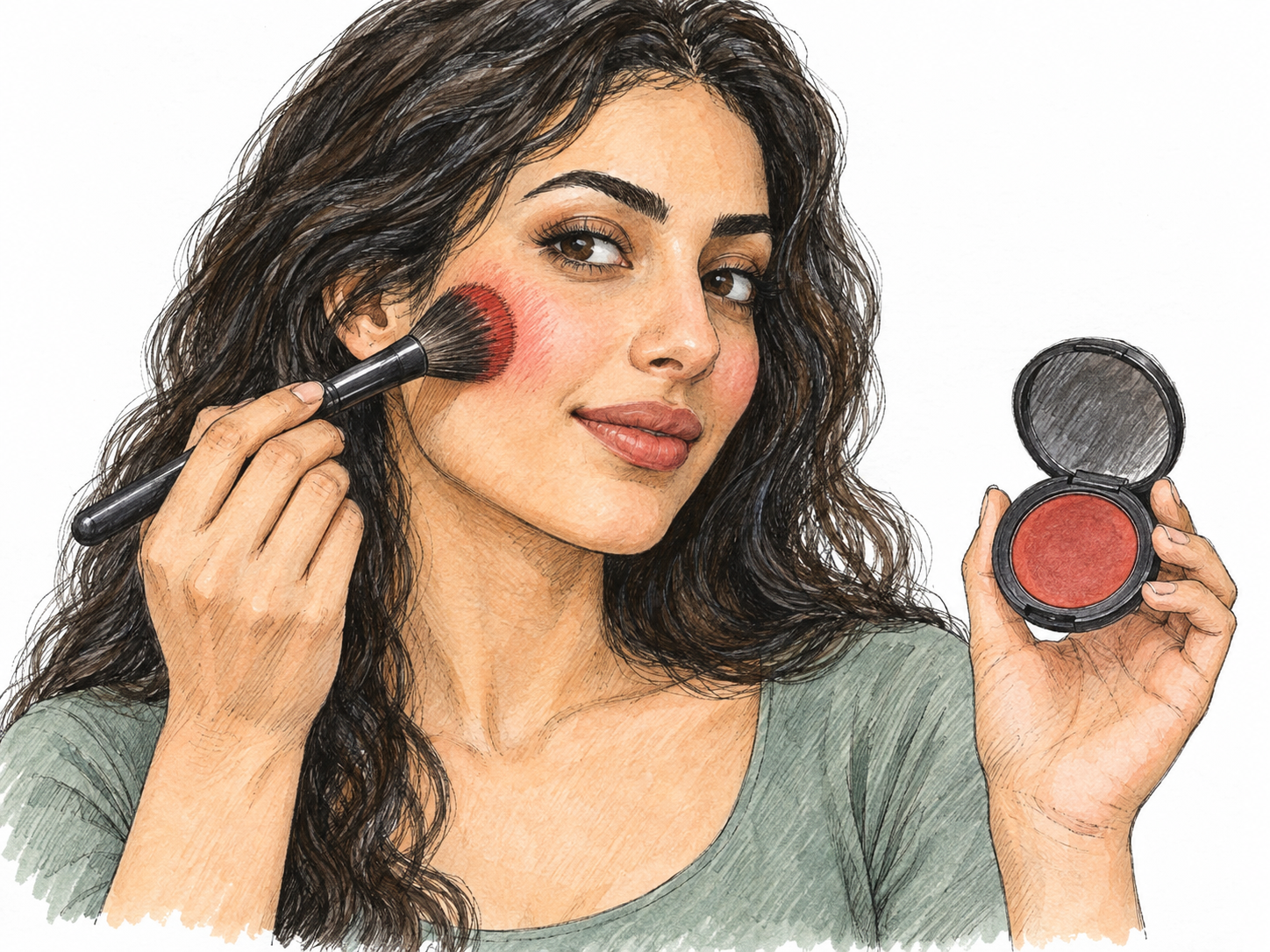A woman applies red rouge to her cheek with a small cosmetic brush while holding an open compact of matching red powder clearly visible beside her face.