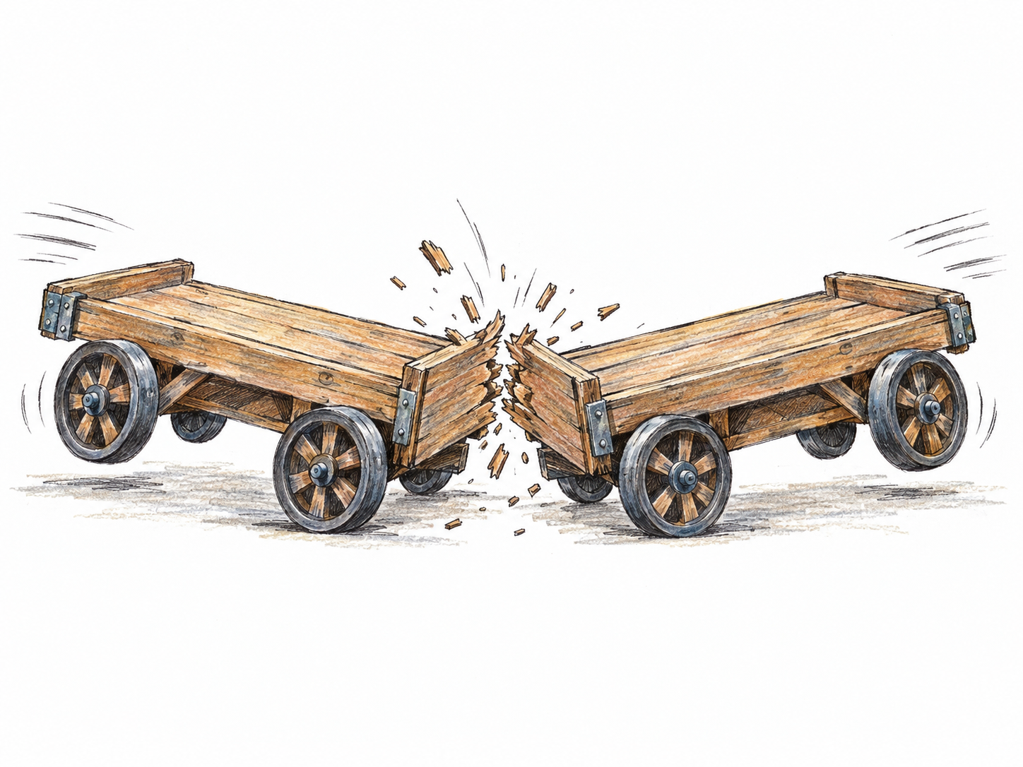Two unoccupied wheeled wooden carts collide head-on, their front boards splintering at the point of impact and their rear wheels lifting slightly from the force.