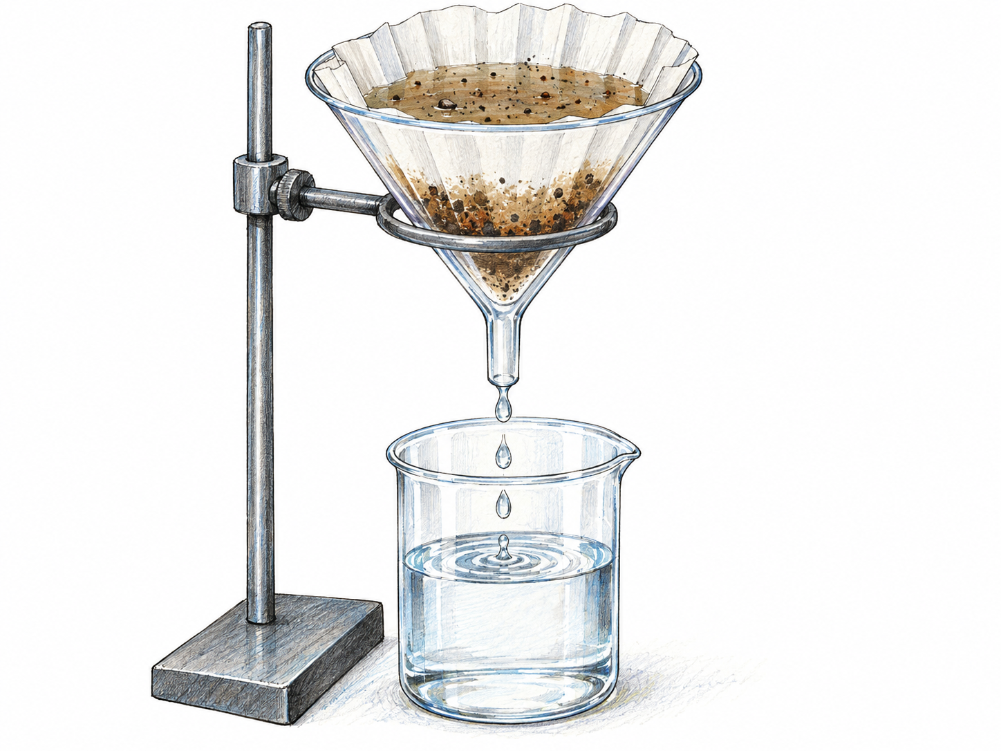 A simple water-filtration setup visibly separates suspended dirt from water: muddy water above a filter, trapped brown sediment in the filter, and clear drops collecting in a clean glass vessel below.
