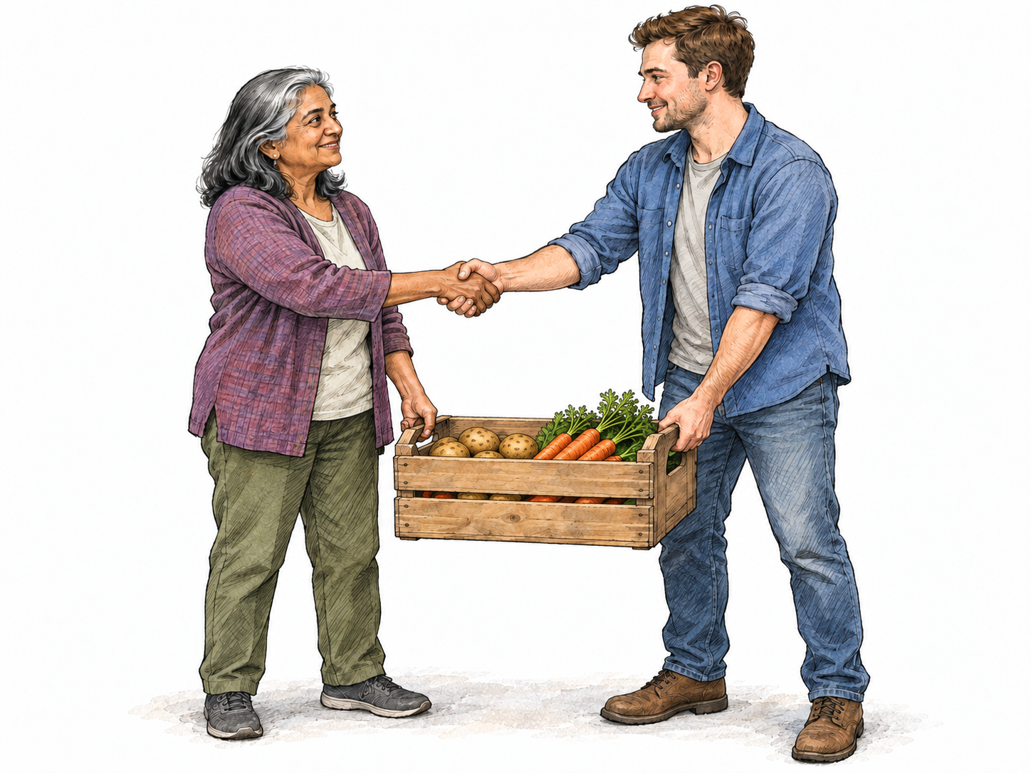 Two community volunteers seal a working partnership with a handshake while jointly carrying a manageable crate of supplies, making agreement and shared practical support visible.