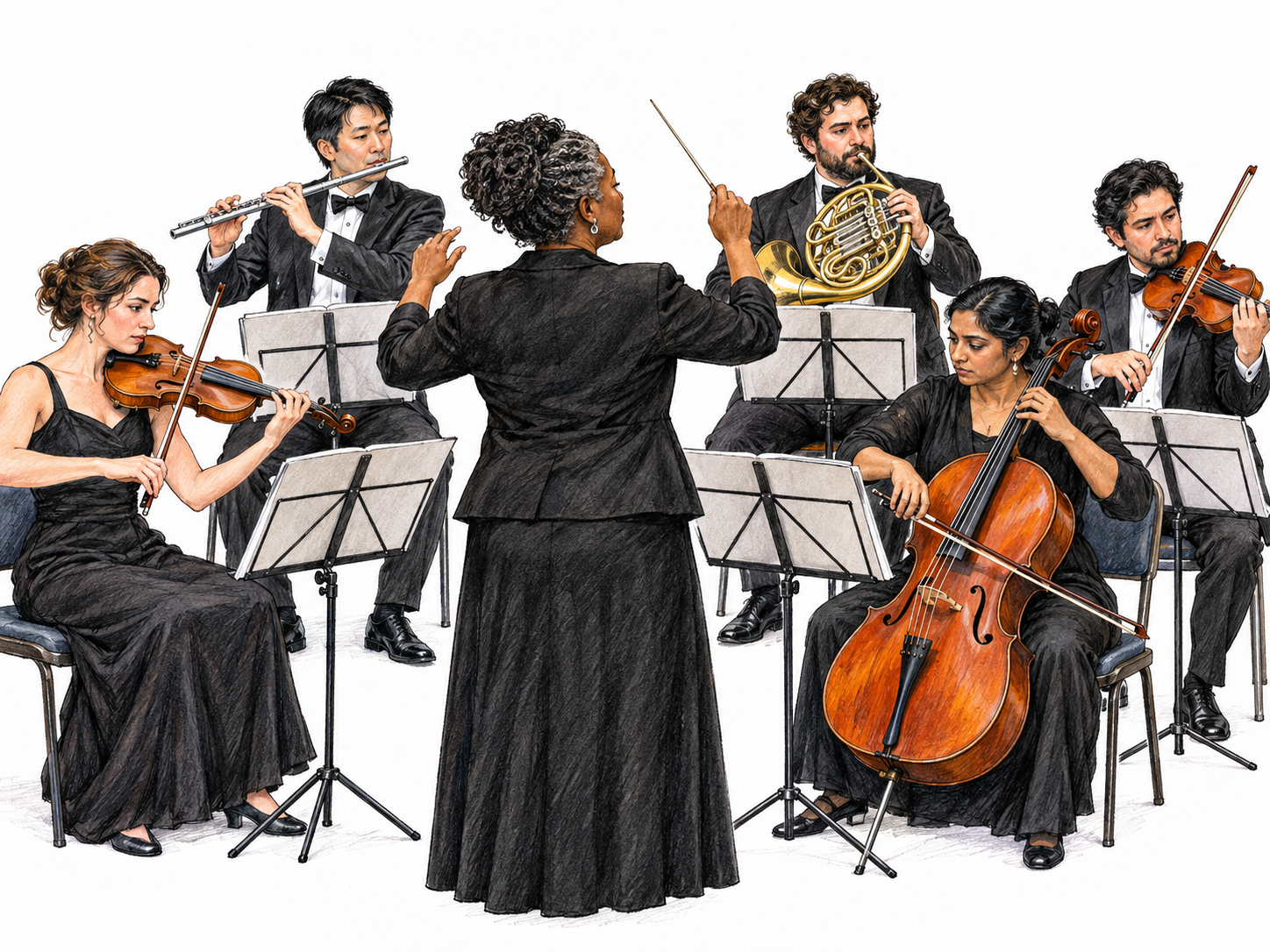 A compact classical ensemble plays together under a conductor: two violins, cello, flute and French horn, coherent hand positions and instrument anatomy; few chairs and music stands with blank pages.
