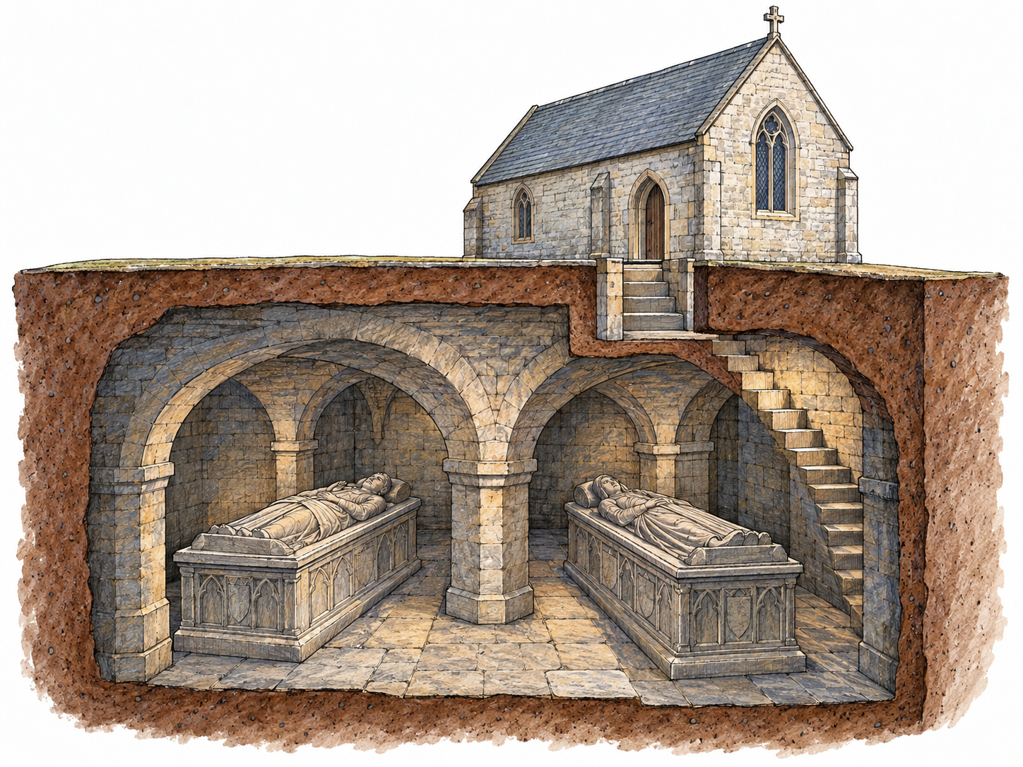 A simple architectural cutaway reveals a stone burial chamber directly beneath a small church, with descending stairs, low vaulted ceilings, and stone sarcophagi.