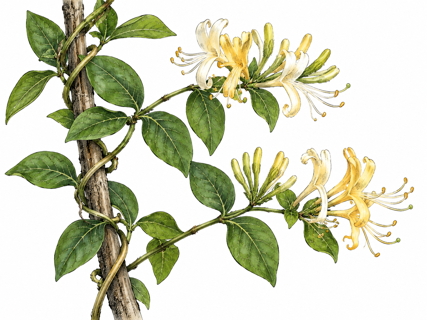 Botanical honeysuckle climbing vine with paired leaves and long cream-yellow tubular flowers.