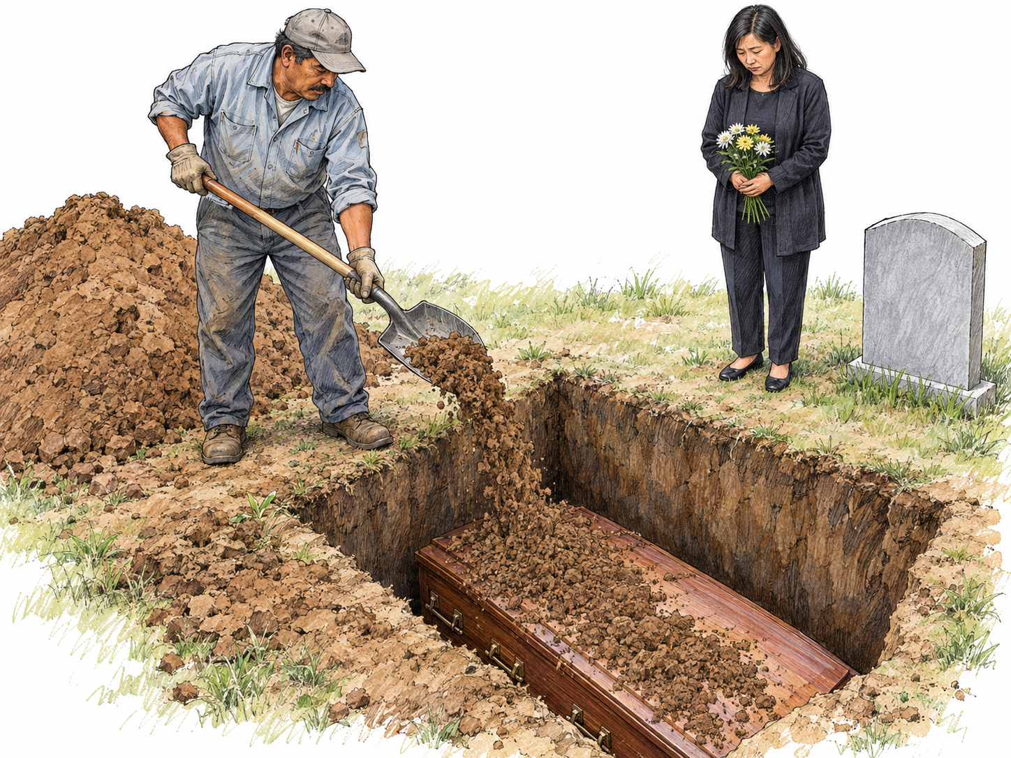 A cemetery worker shovels earth into an open grave onto a lowered coffin while a mourner stands beside it, making the act of burial visible.