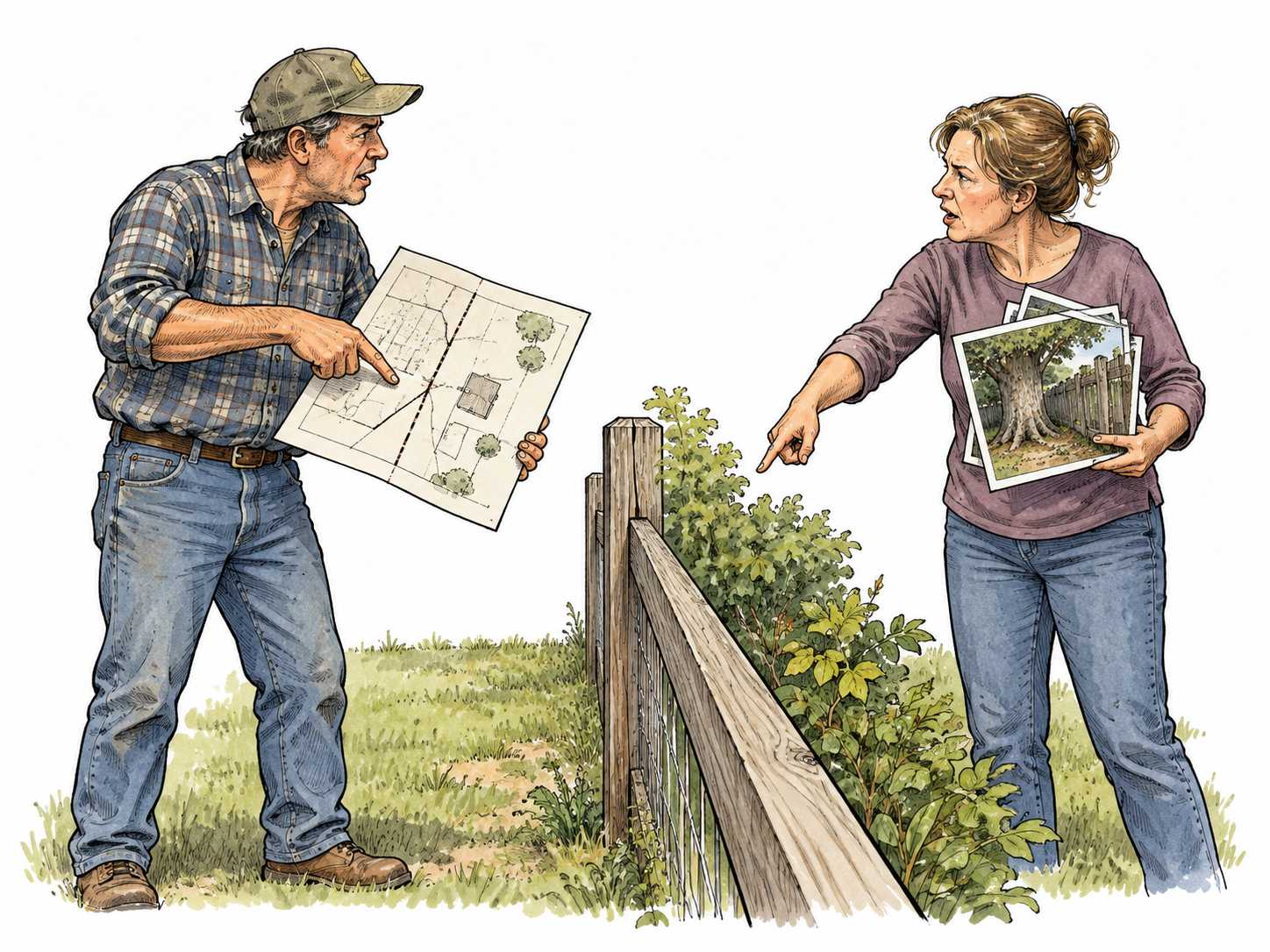 Two adult neighbors disagree over a boundary drawing, each points to different evidence.
