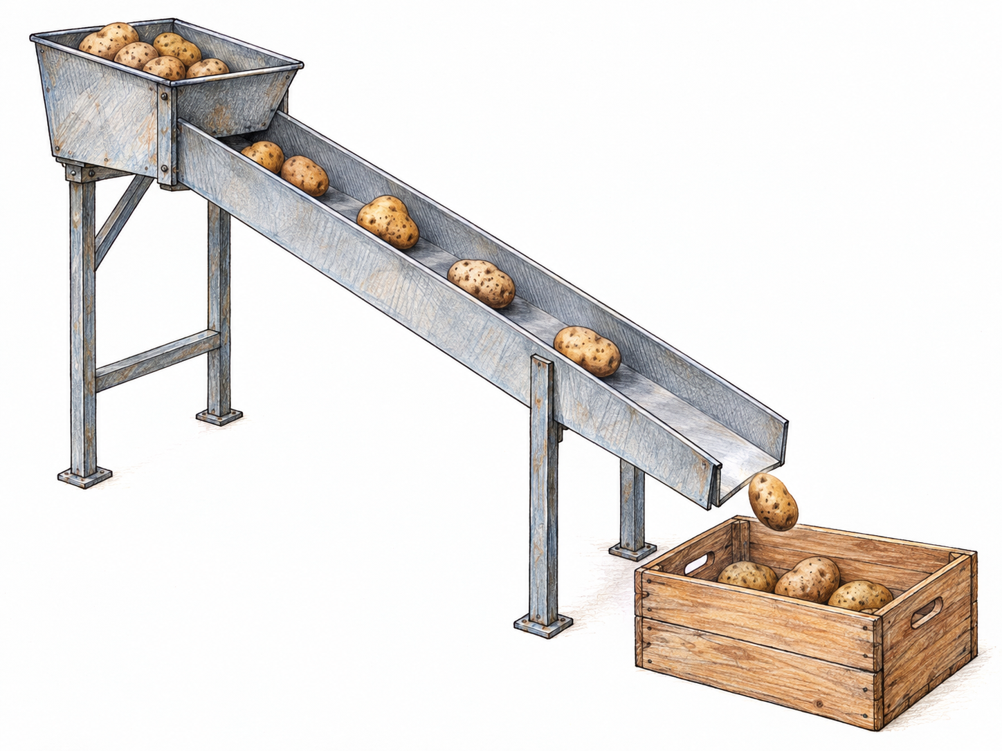 An open, steeply sloping metal chute carries loose potatoes from an elevated hopper into a crate below.