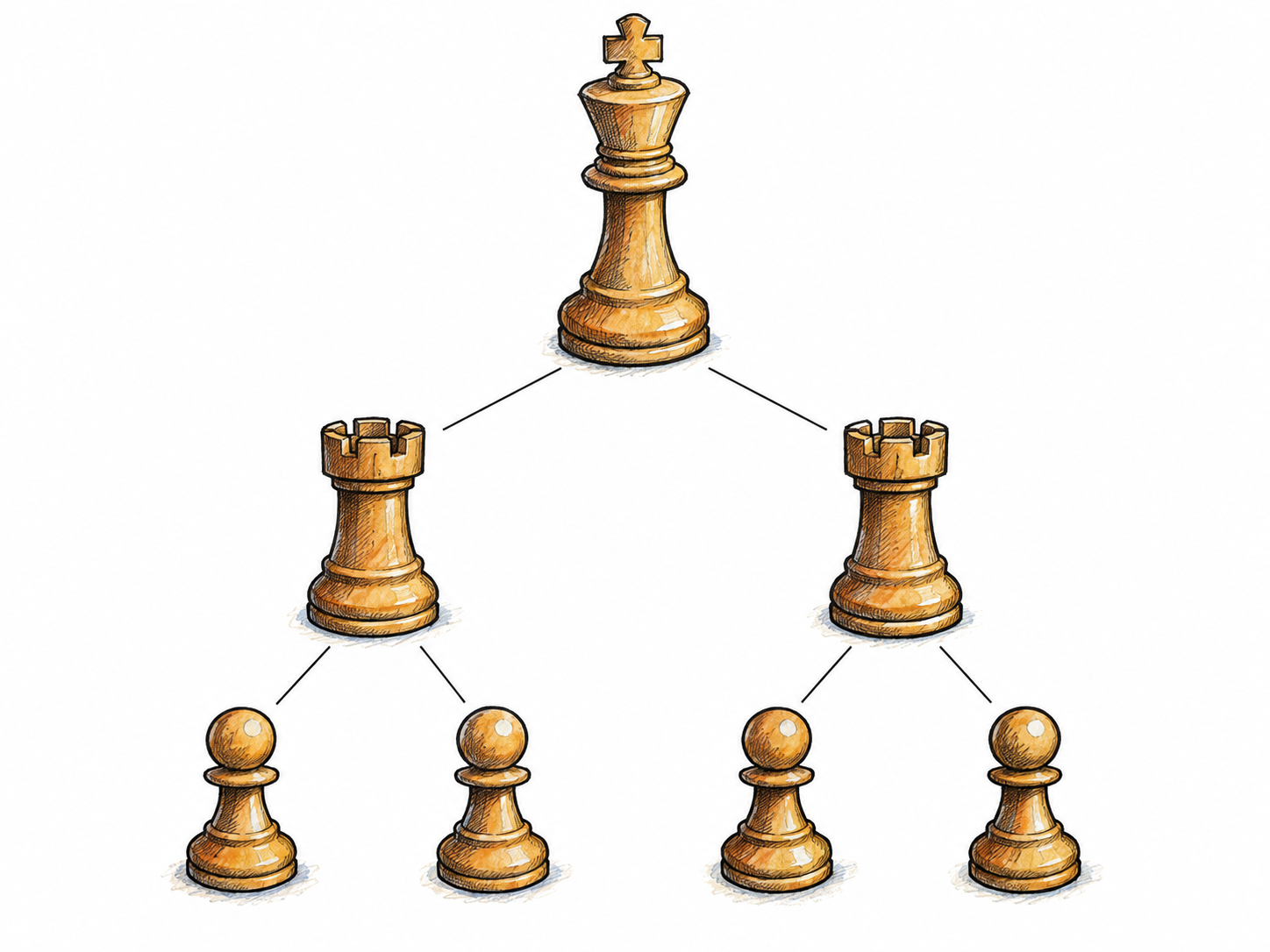 A three-level branching arrangement of wooden chess pieces makes ranked status visible: one king at the top, two rooks below it, and four pawns at the bottom.
