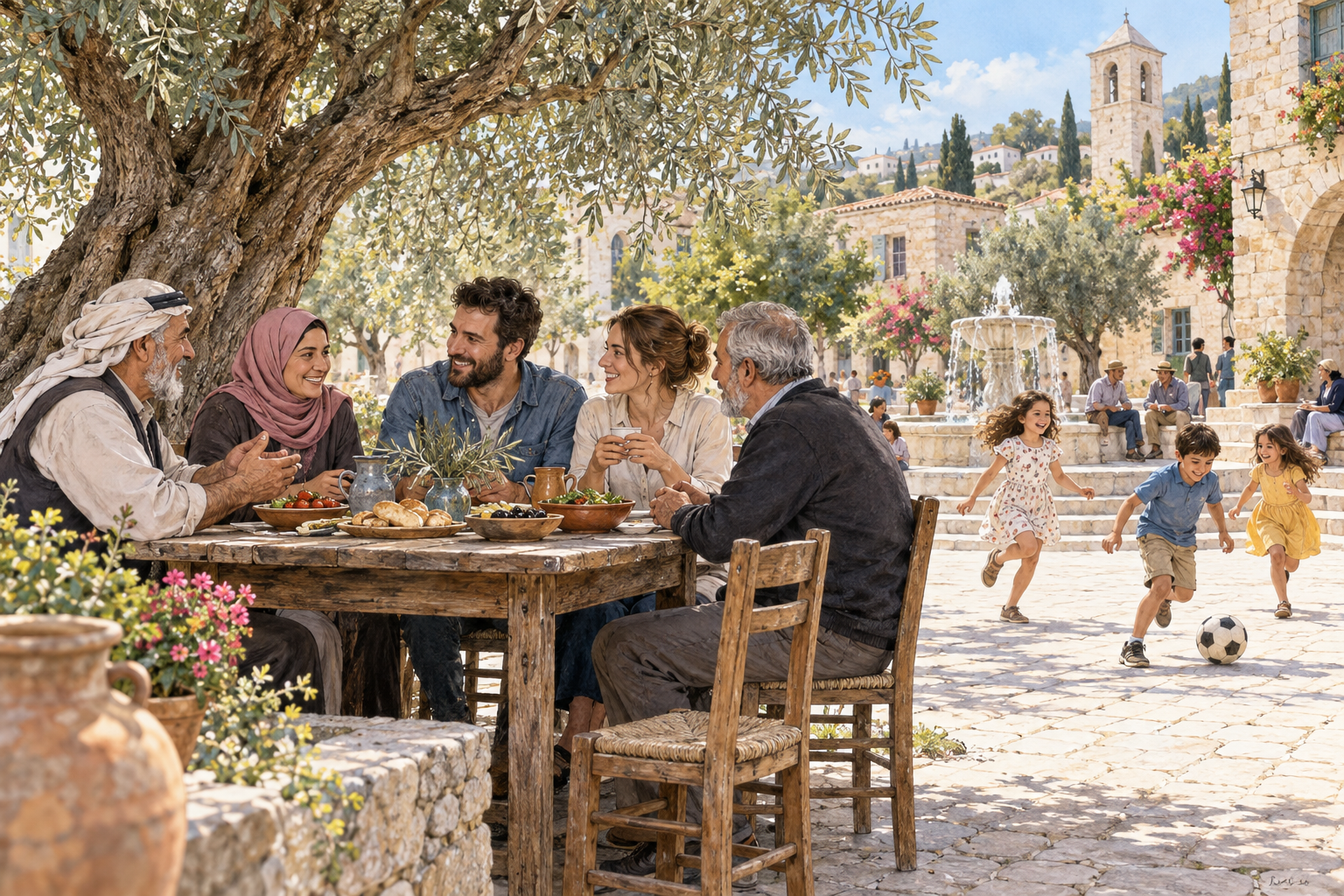 A peaceful town square after reconciliation: adults from two formerly opposed groups calmly share a table and children play nearby, an olive tree shades the open space, faces relaxed and streets free of weapons or confrontation.