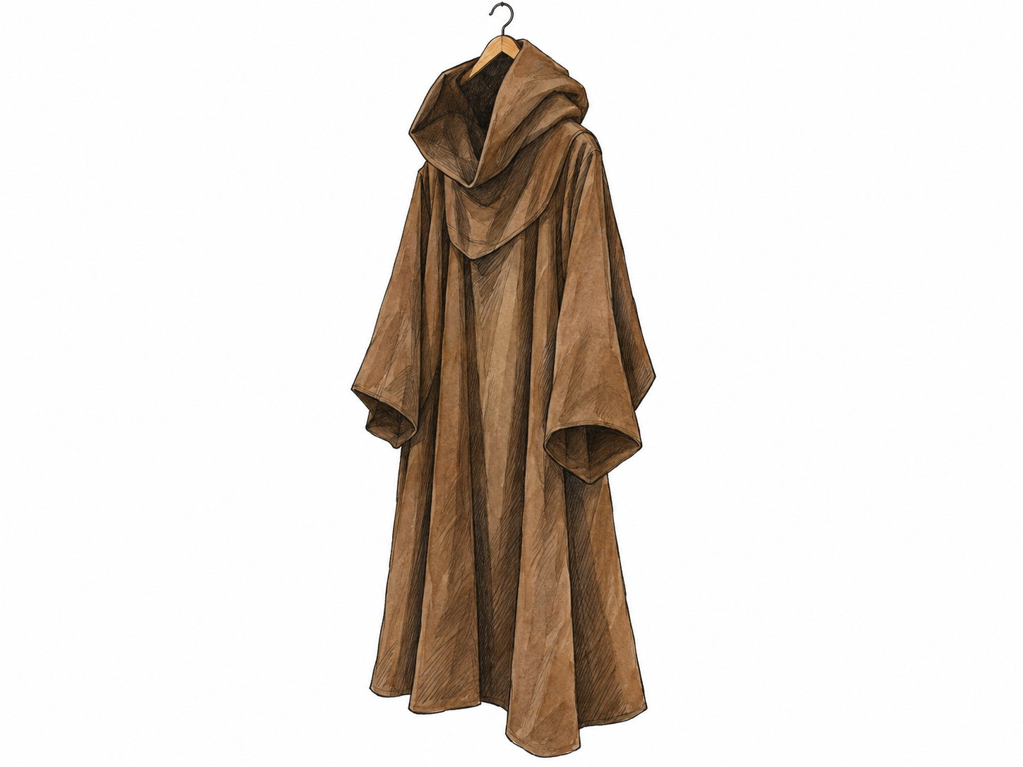 A single loose monastic hooded garment displayed on a plain wooden hanger, with its deep, open hood and generous shoulder folds clearly visible.