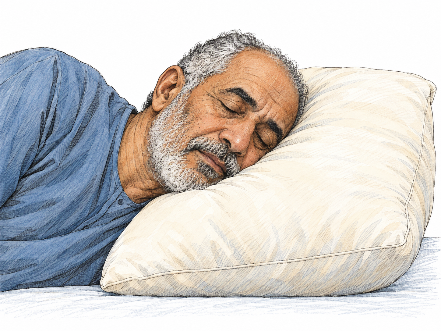 A close side view of an older man resting with his head sinking gently into a plump pillow, making its softness and head-support function immediately visible.