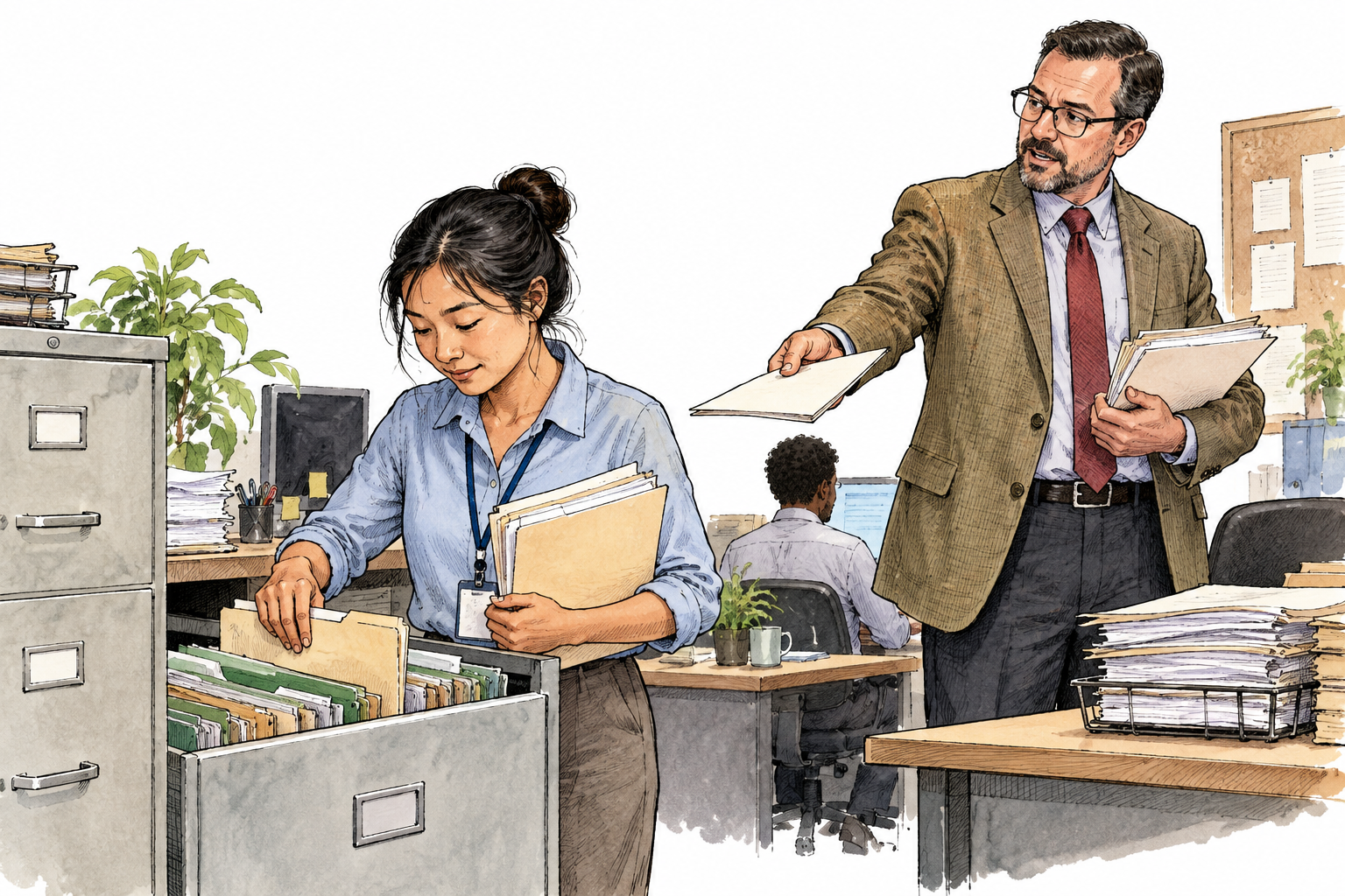 An entry-level office worker completes routine filing while a supervisor allocates tasks, respectful portrayal without ethnic stereotype.