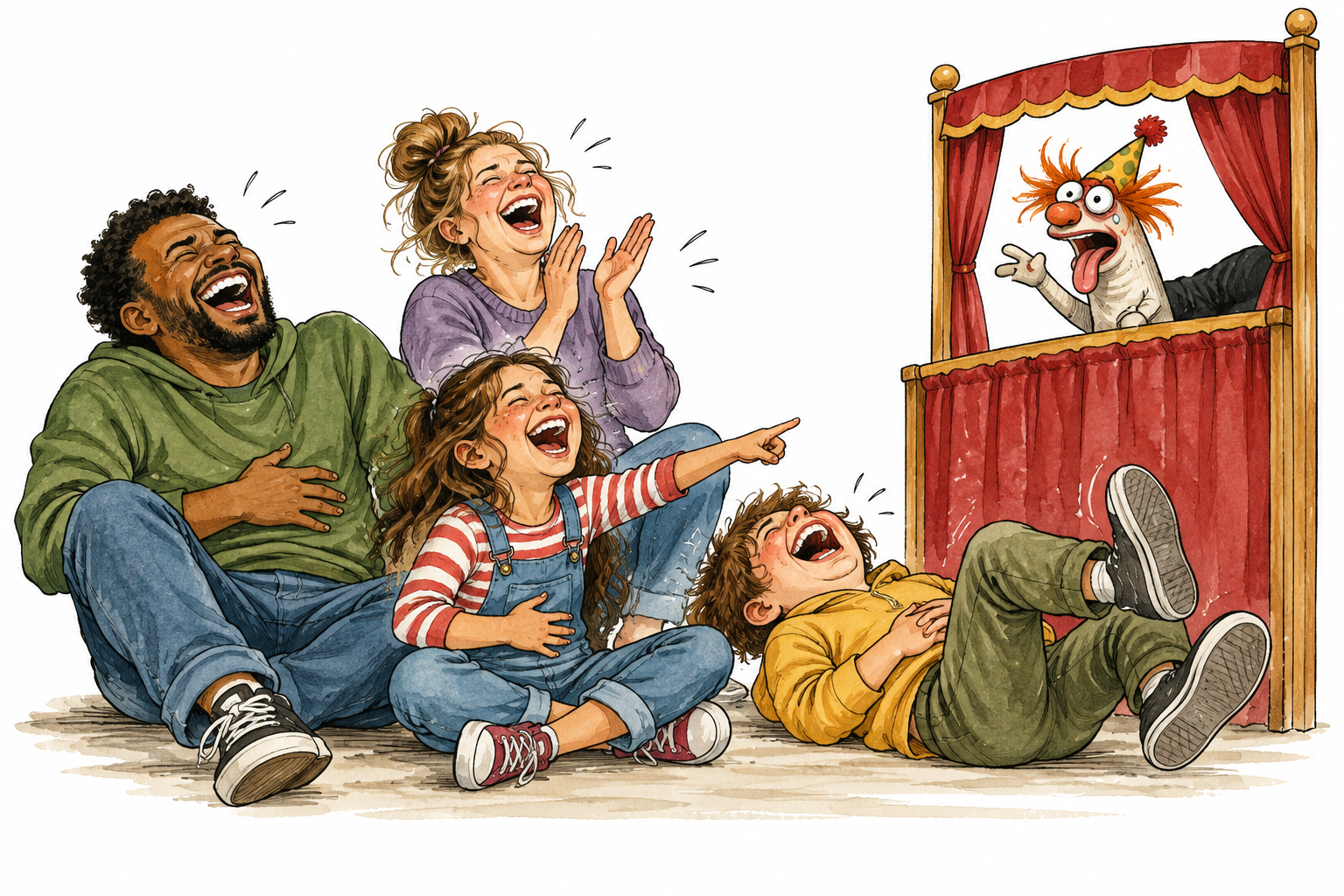 Mixed-age friends laugh uncontrollably at an absurd puppet show, extremely funny sense, no mocking disability.