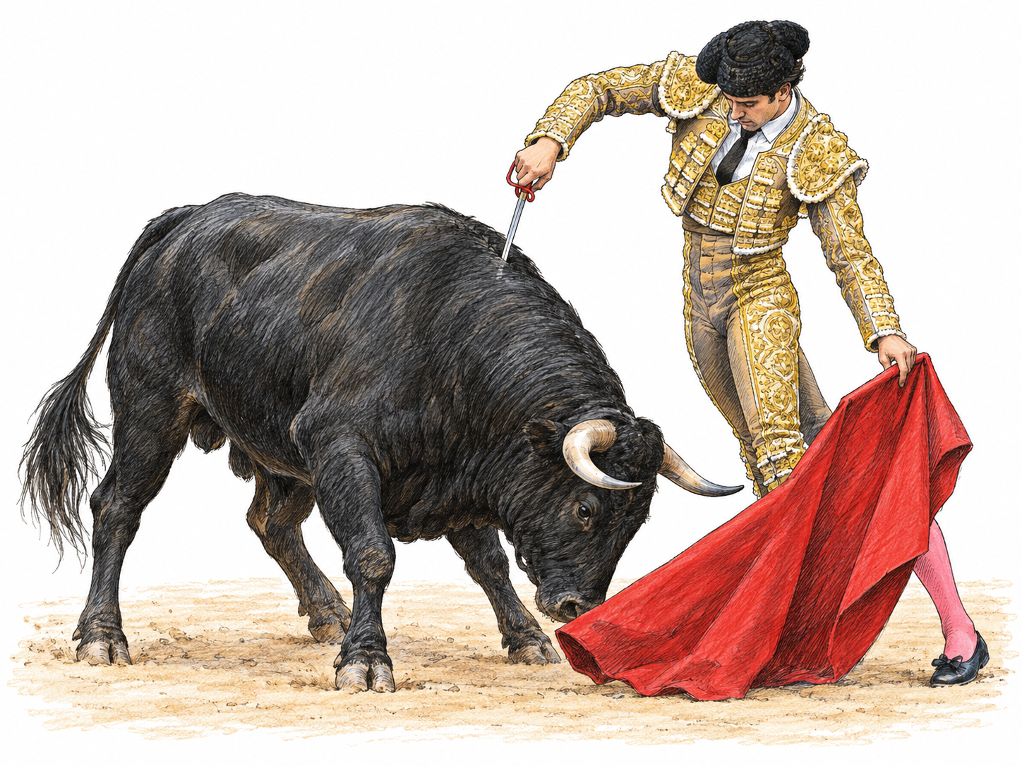 A Spanish matador executes the final sword thrust over a bull’s lowered head, with the small red muleta held low.