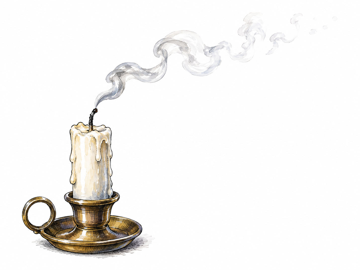 Small curling wisp of smoke becomes paler and more separated as it drifts from extinguished candle, last traces dissolve into pure white; no fire scene or room.
