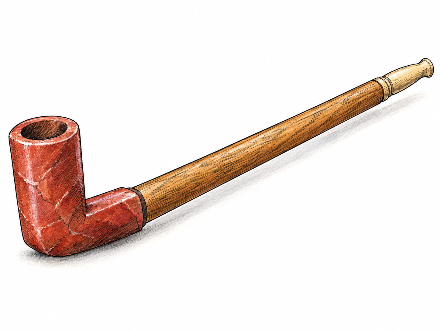 An isolated ceremonial tobacco pipe with a long wooden stem and a red stone elbow-shaped bowl, shown large in three-quarter view.