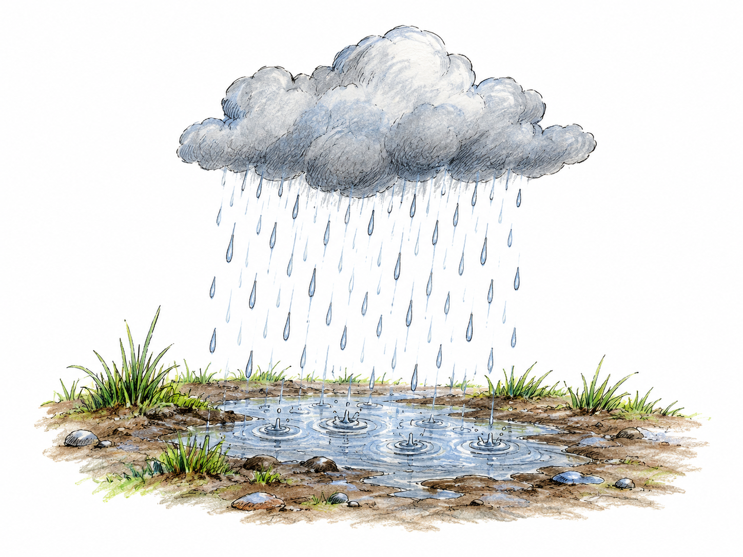 A small gray rain cloud releases unmistakable falling raindrops onto a patch of earth and shallow puddle, meteorological natural scene, no face or icons.
