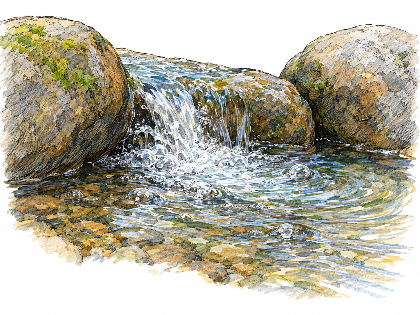 A close view of a small brook bubbling through a narrow gap between stones, with rounded air bubbles and small eddies where the flowing water tumbles into a shallow pool.