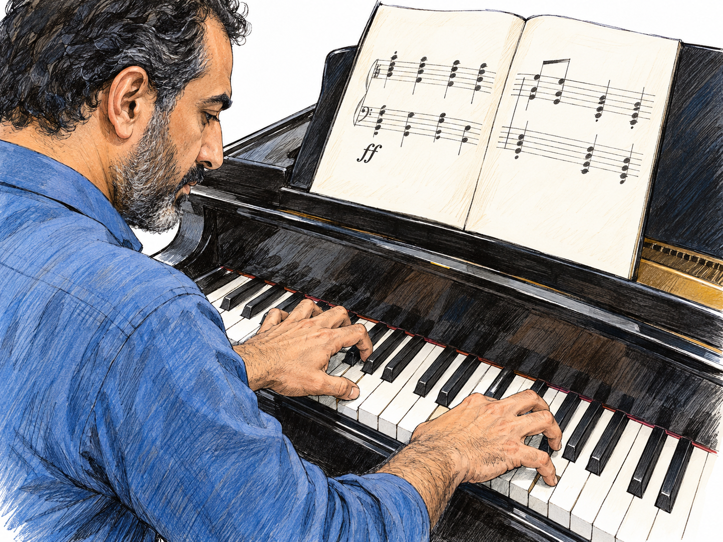A close side view of the established pianist playing a powerful chord, with the score’s intrinsic ff marking prominent and only a short, accurately constructed section of keyboard exposed.