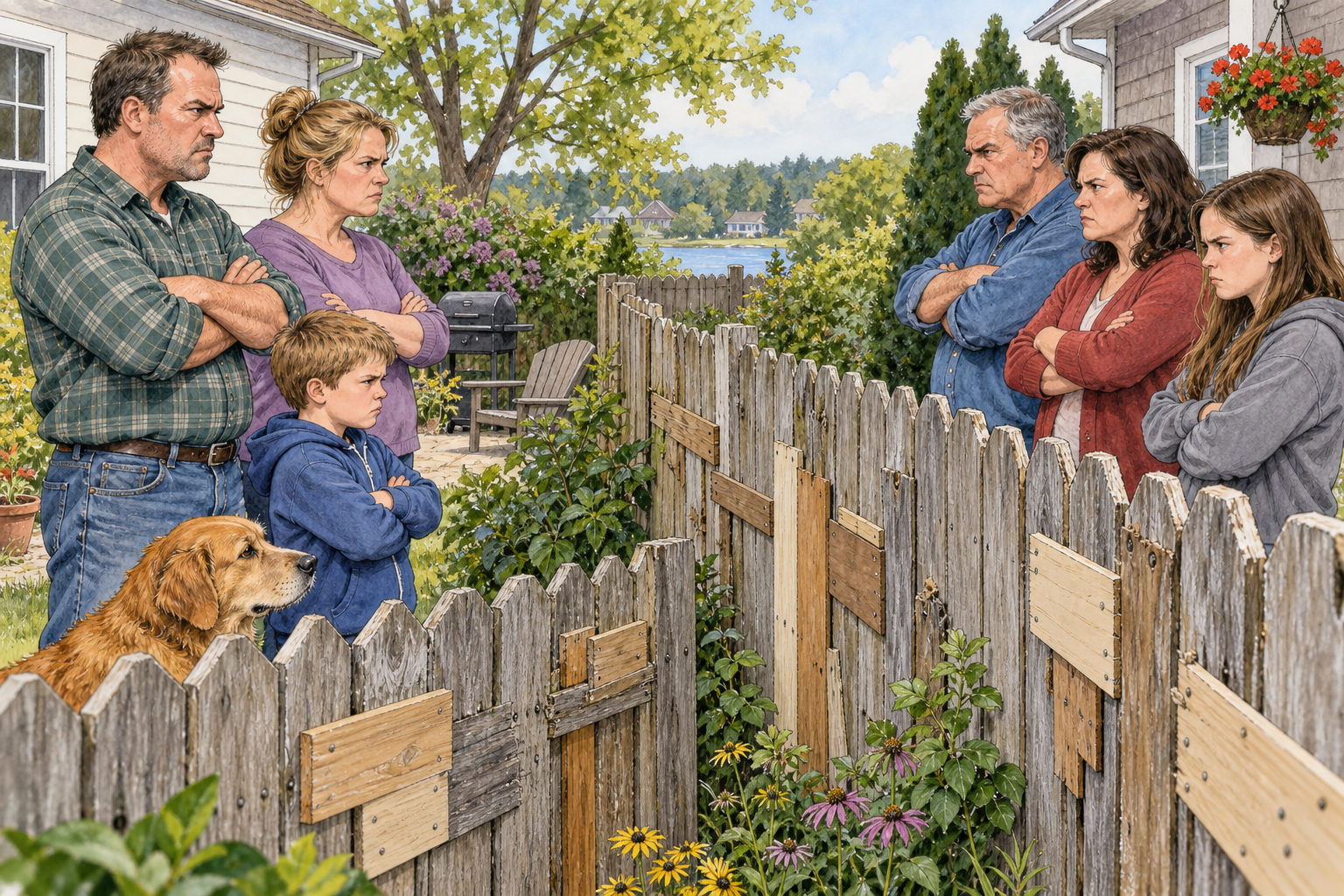 Two neighboring households glare across a fence bearing old patched damage, long-running bitter feud conveyed by tense families and repeated repairs, no violence.