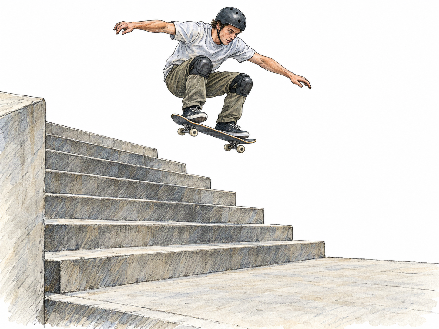 A confident skateboarder commits to a daring jump across a wide outdoor stairway, visibly high above the steps with his skateboard beneath his feet.