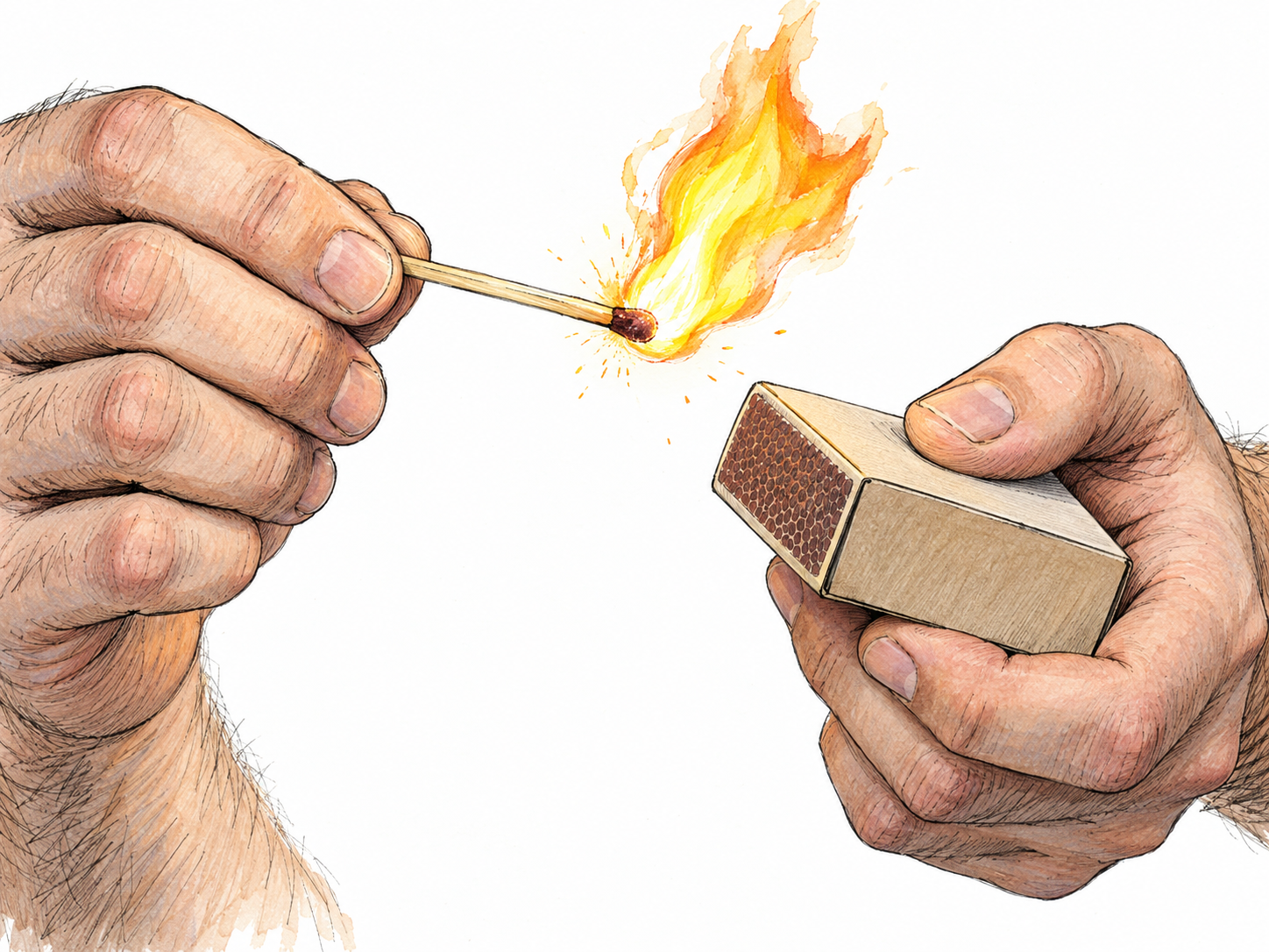 A freshly struck match erupts into a bright, spreading flame at the instant it leaves the matchbox striker, with tiny ignition sparks and an almost entirely unburned wooden shaft.